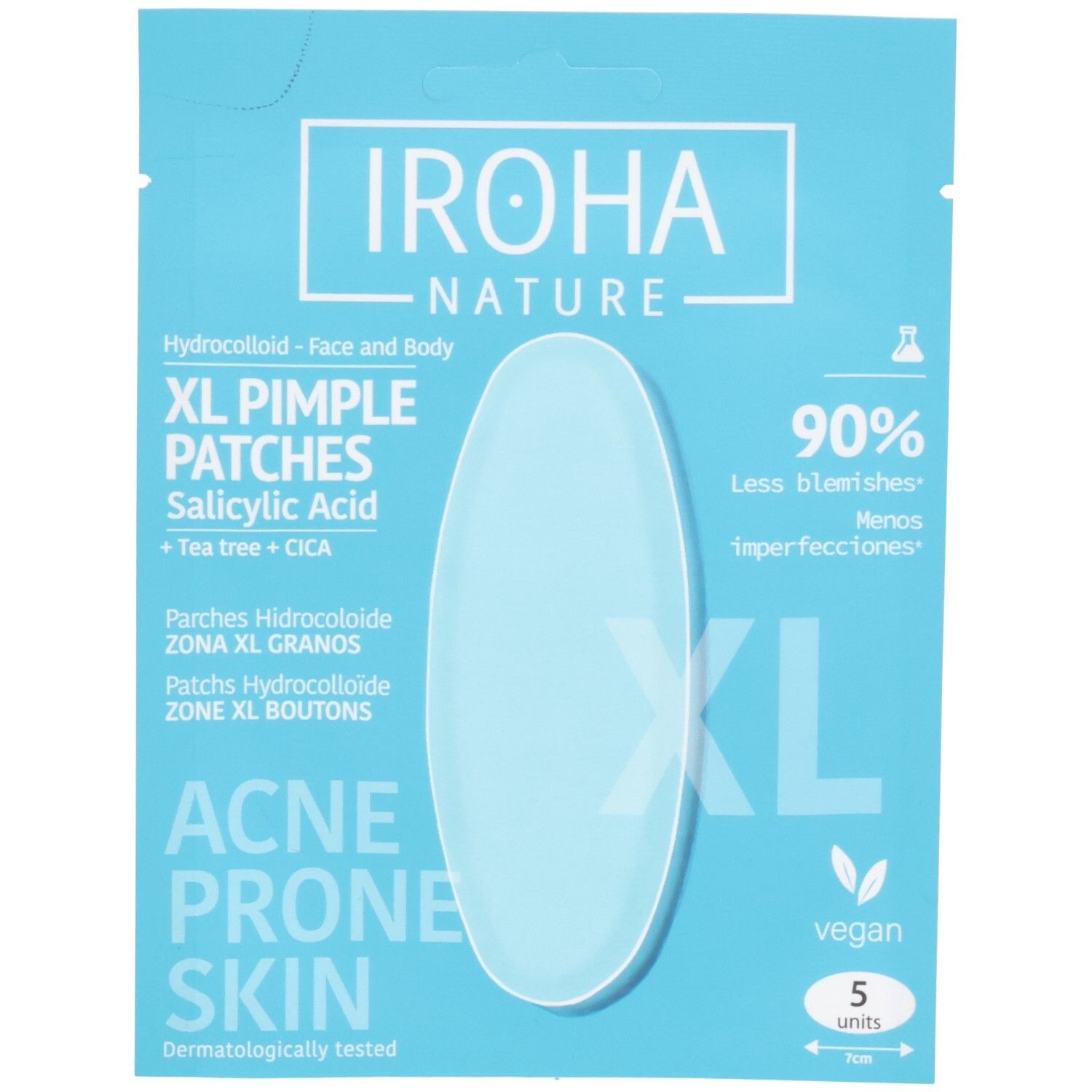 Blau-weiße Verpackung mit ovalem Pflaster. Text: IROHA NATURE, XL Pimple Patches, Salicylsäure, für zu Akne neigende Haut. 5 Stück.