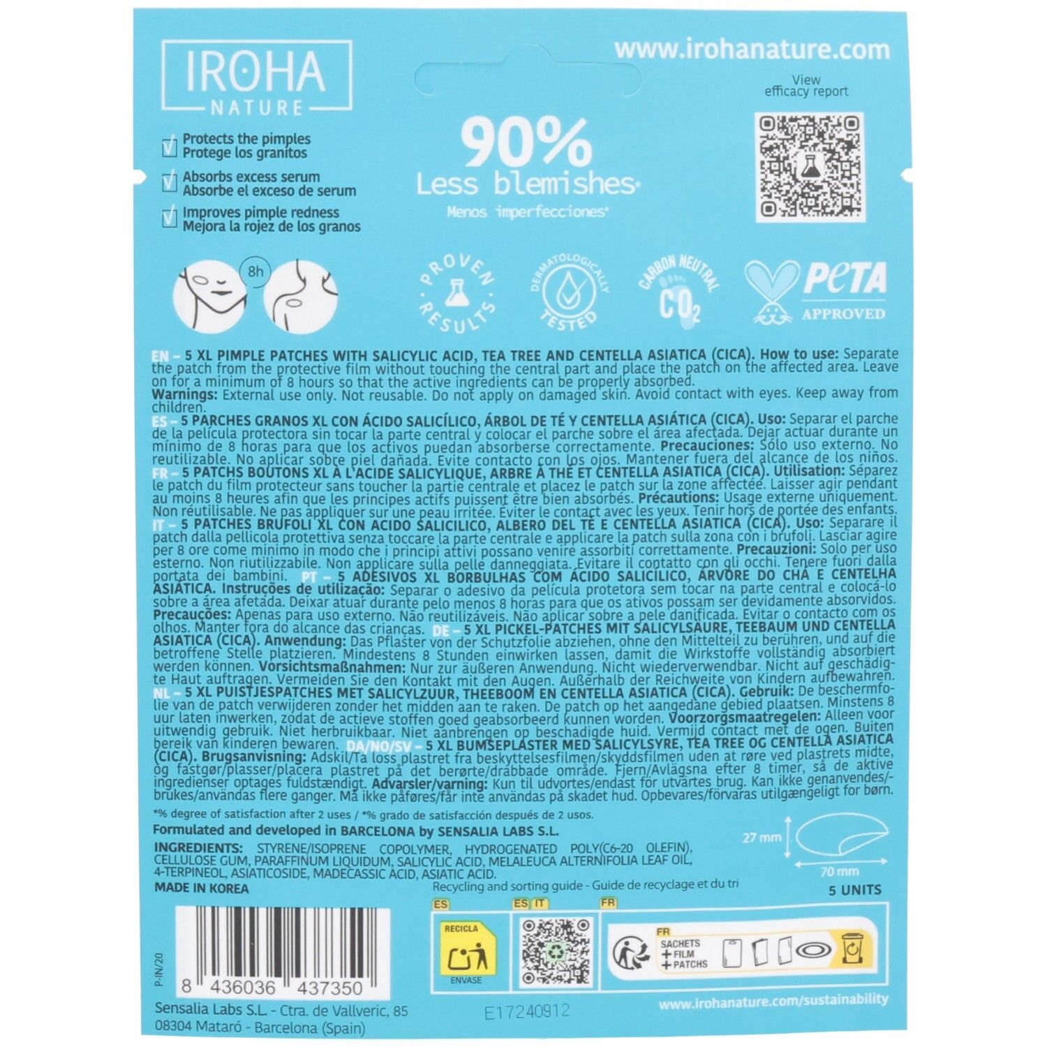 Rückseite der Verpackung. Text: IROHA NATURE, 90% weniger Unreinheiten. Inhaltsstoffe, Anwendungshinweise, 5 Stück.