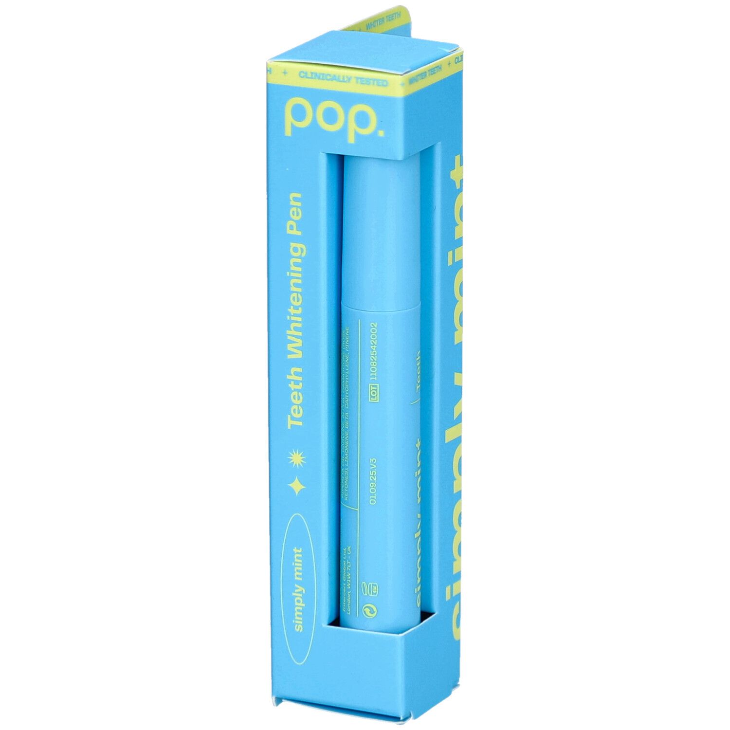 Blaues Pop-Zahnaufhellungsstift-Set. Der Stift befindet sich in der Verpackung. Auf dem Stift steht "Simply Mint".
