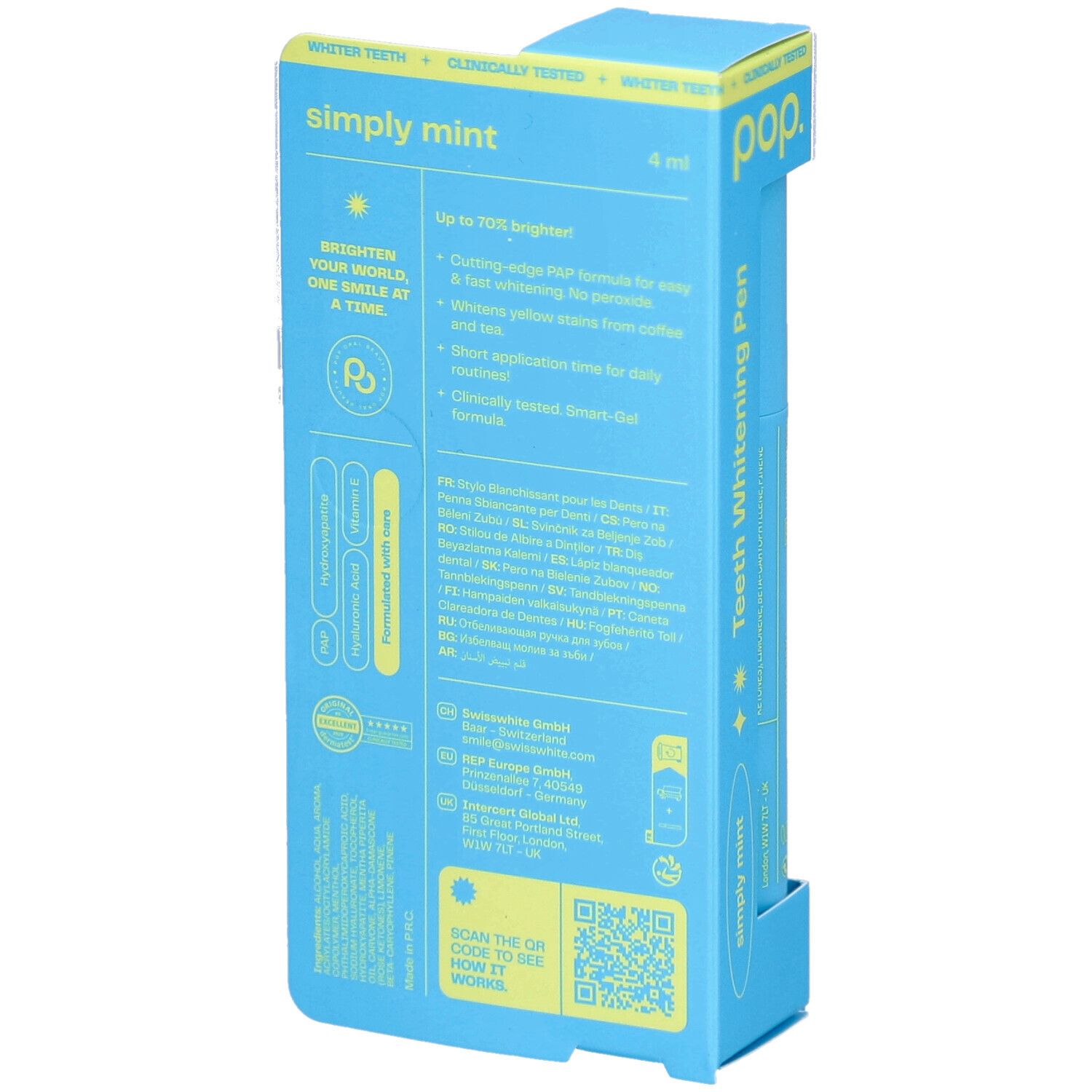Rückseite der blauen Pop-Zahnaufhellungsstift-Verpackung. Textinformationen und ein QR-Code sind sichtbar.