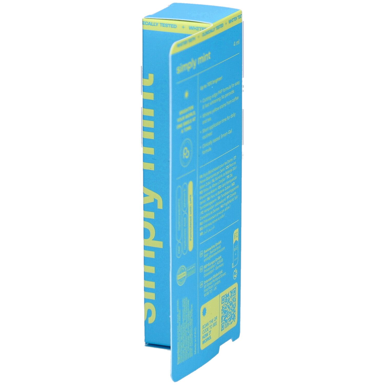 Blaue Pop-Zahnaufhellungsstift-Verpackung, teilweise geöffnet. Textinformationen sind sichtbar.