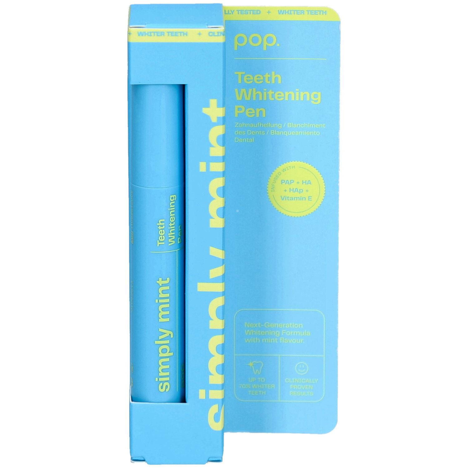 Blaues Pop-Zahnaufhellungsstift-Set. Der Stift und die Verpackung tragen die Aufschrift "Simply Mint". Die Verpackung ist geöffnet.