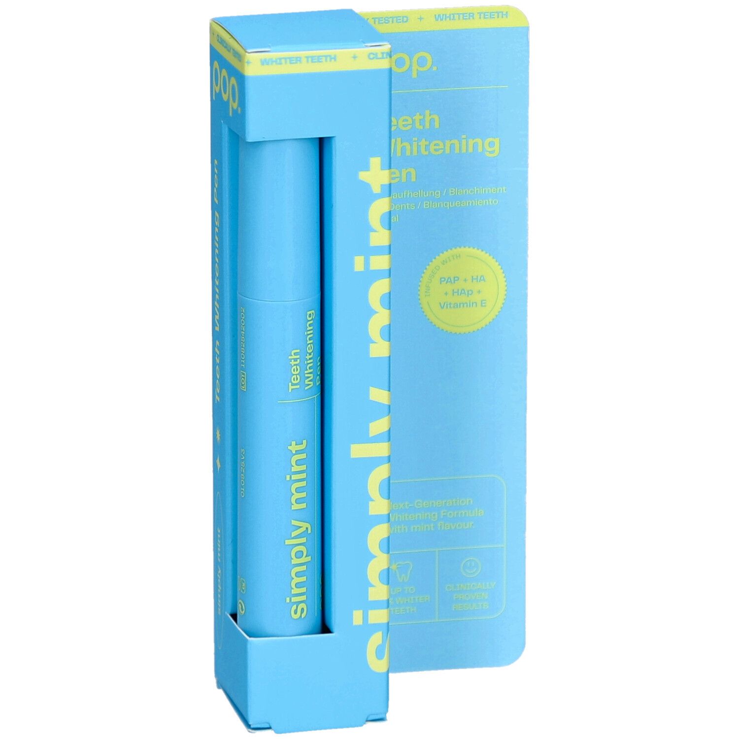 Blaues Pop-Zahnaufhellungsstift-Set. Der Stift und die Verpackung tragen die Aufschrift "Simply Mint". Die Verpackung ist geöffnet.