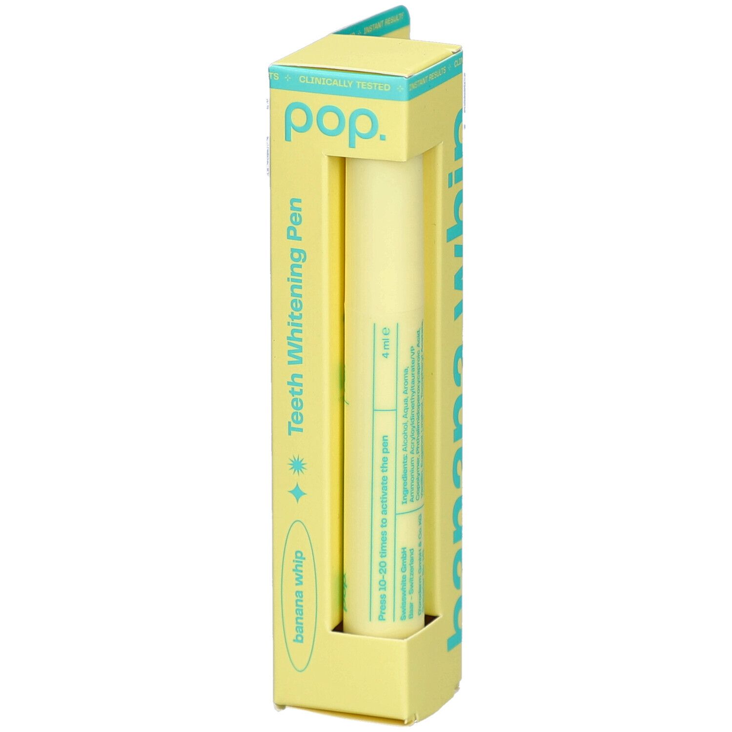Pop-Zahnaufhellungsstift in gelber Verpackung. Aufschrift: Banana Whip, 4 ml. Enthält PAP, HA, Vitamin E. Produkt sichtbar.
