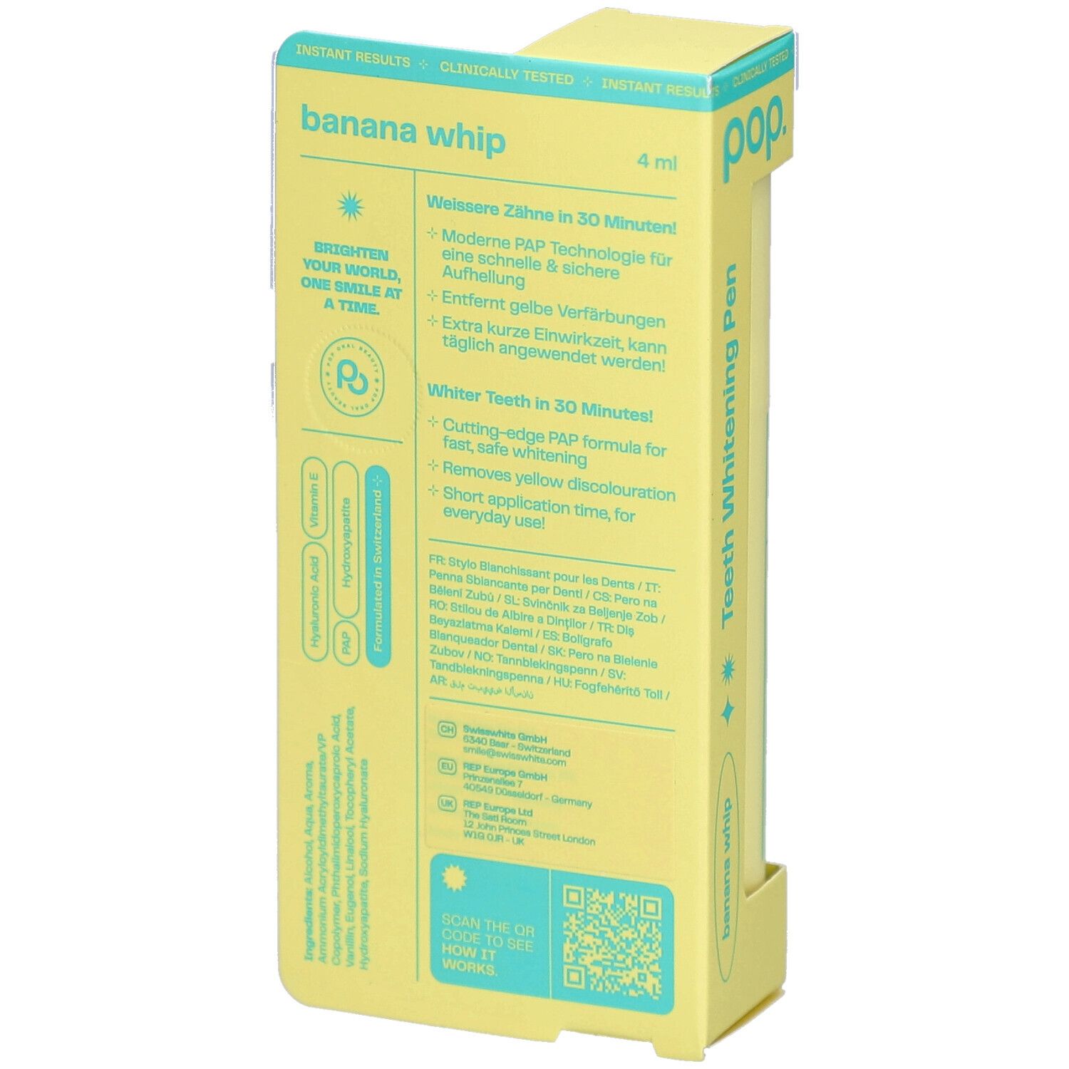 Gelbe Verpackung mit Pop-Zahnaufhellungsstift. Aufschrift: Banana Whip, 4 ml. Enthält PAP, HA, Vitamin E. Rückseite mit Text.