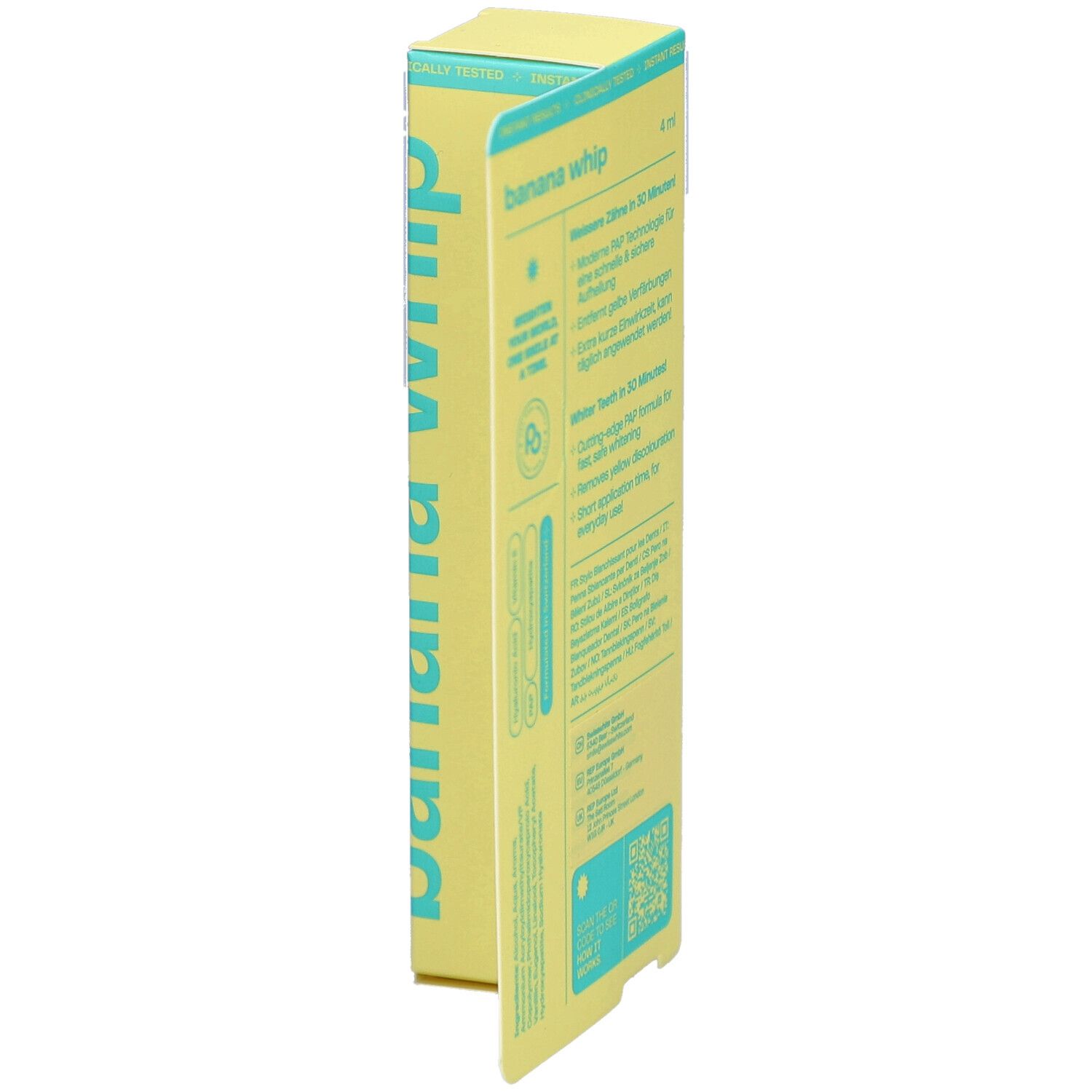 Gelbe Verpackung mit Pop-Zahnaufhellungsstift. Aufschrift: Banana Whip. Enthält PAP, HA, Vitamin E. Verpackung geöffnet.