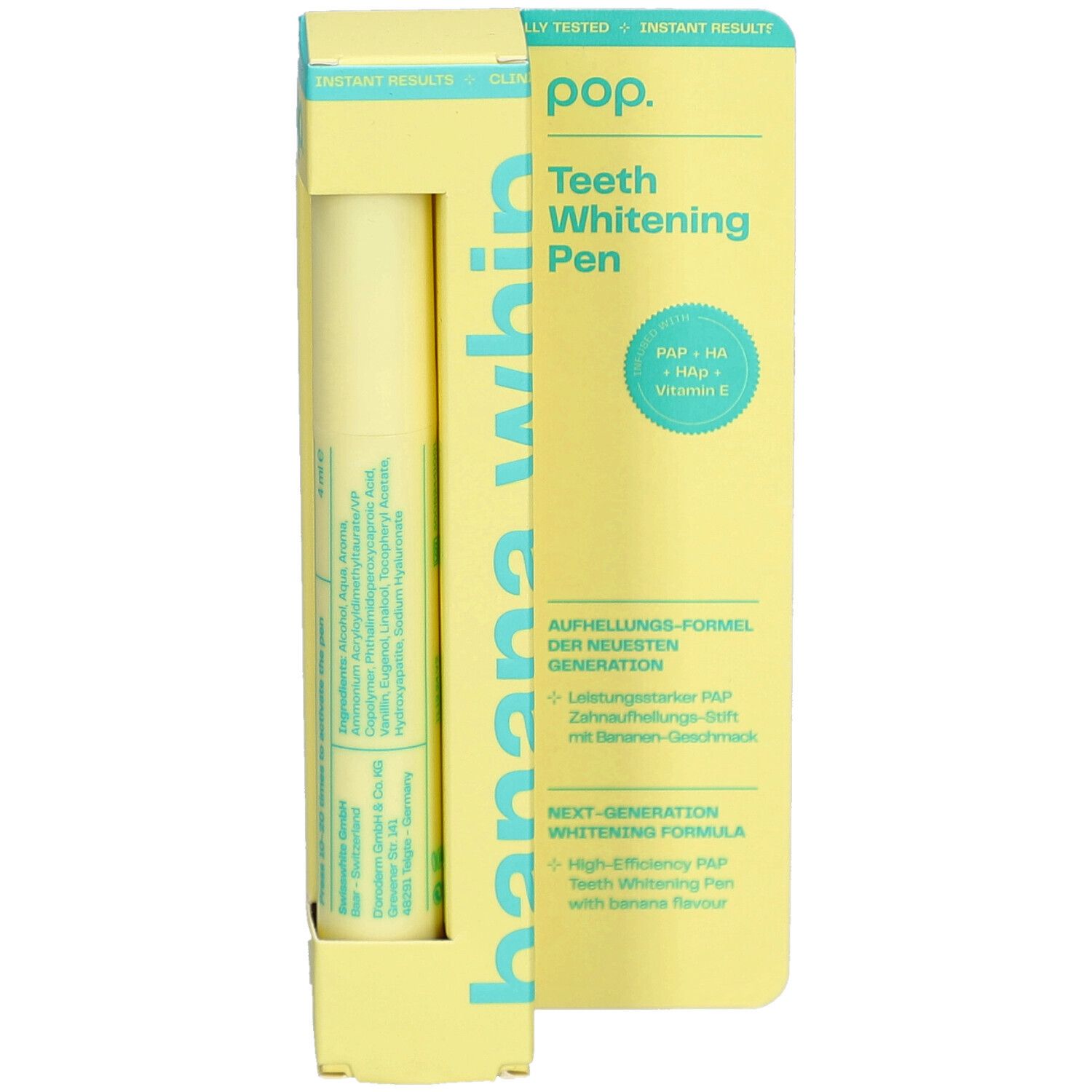 Pop-Zahnaufhellungsstift in gelber Verpackung. Aufschrift: Banana Whip. Enthält PAP, HA, Vitamin E. Produkt sichtbar.