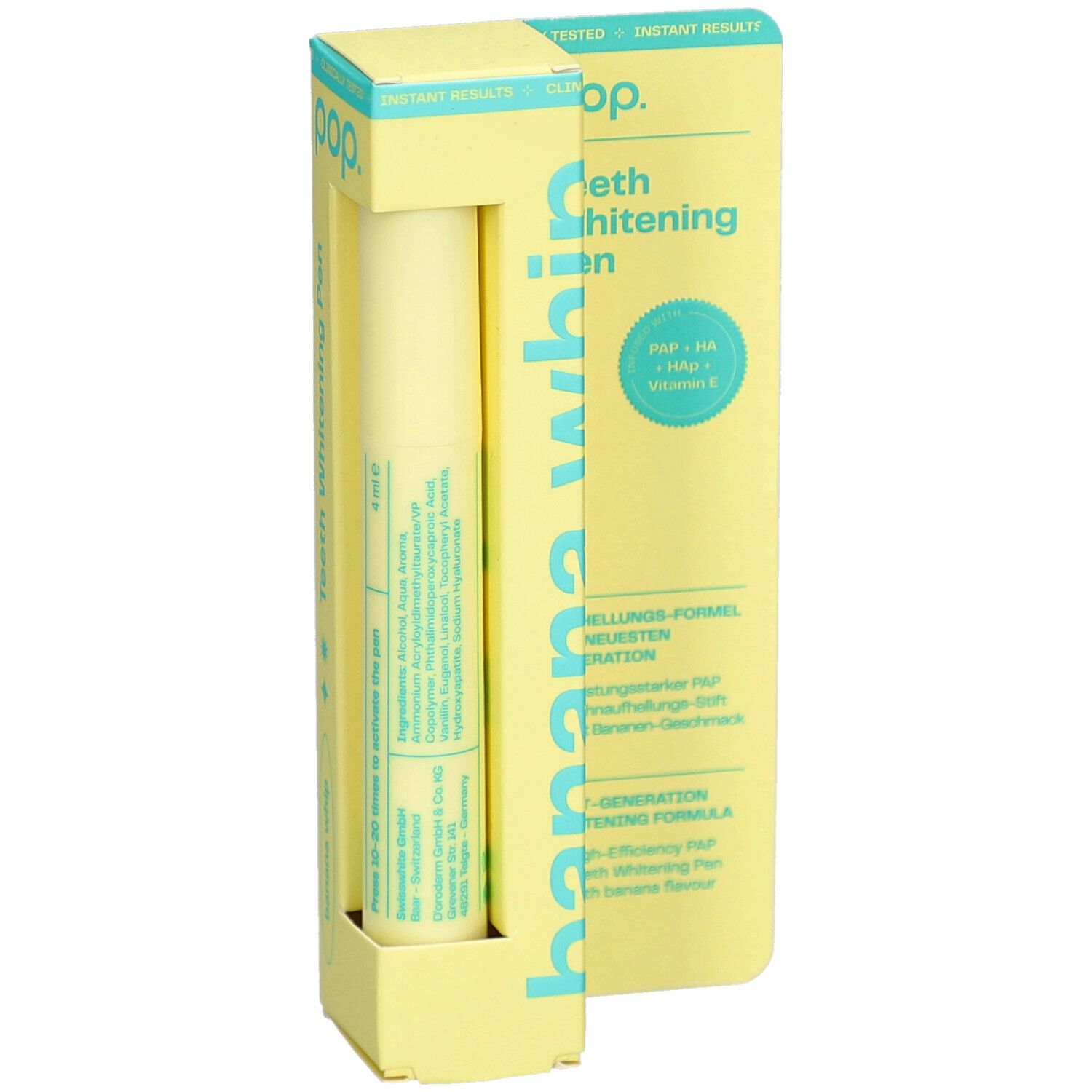 Pop-Zahnaufhellungsstift in gelber Verpackung. Aufschrift: Banana Whip. Enthält PAP, HA, Vitamin E. Produkt sichtbar.