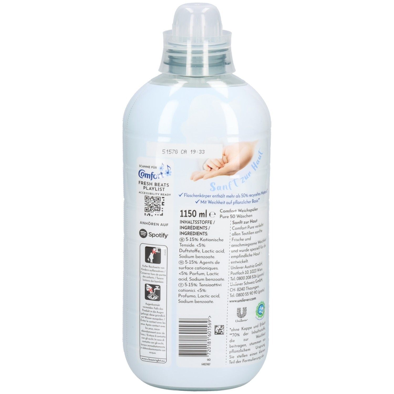 Weiße Kunststoffflasche mit hellblauem Etikett. Enthält 1150 ml Weichspüler. Marke: Comfort.