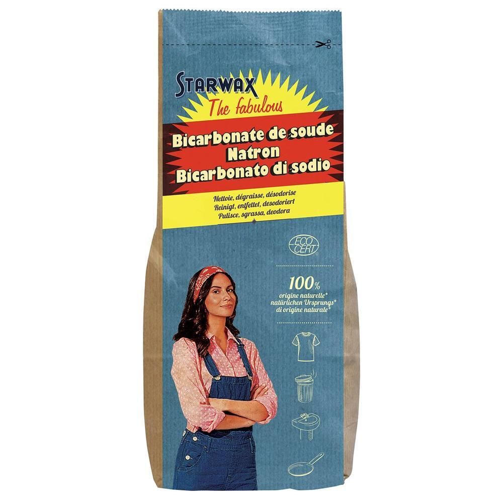 Beutel mit Natron. Aufschrift STARWAX, Bicarbonate de soude, Natron, Bicarbonato di sodio. Frau mit Kopftuch.