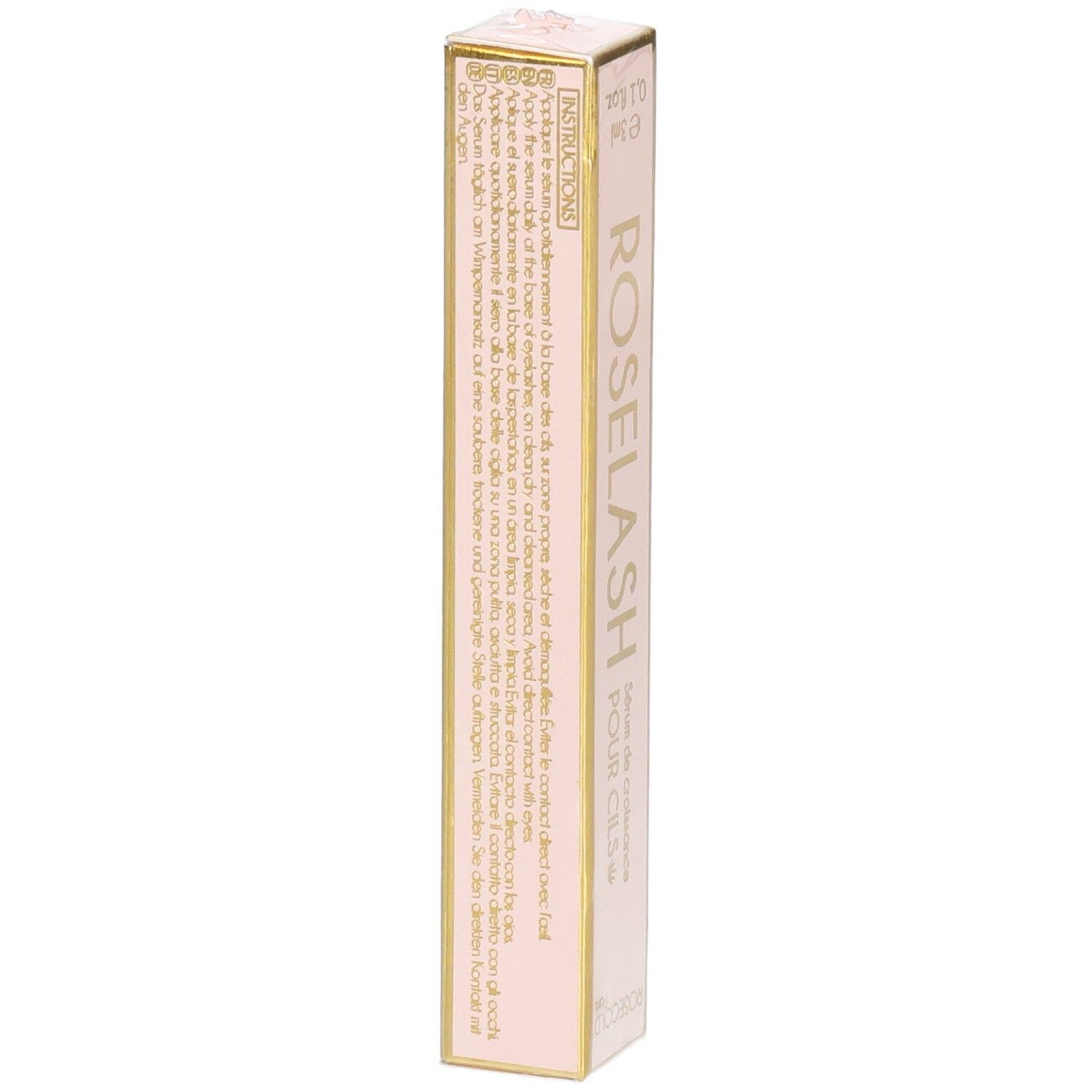 Rückseite der Roségold Paris Roselash Sérum Cils Verpackung. Text in mehreren Sprachen. Inhaltsstoffe und Informationen.