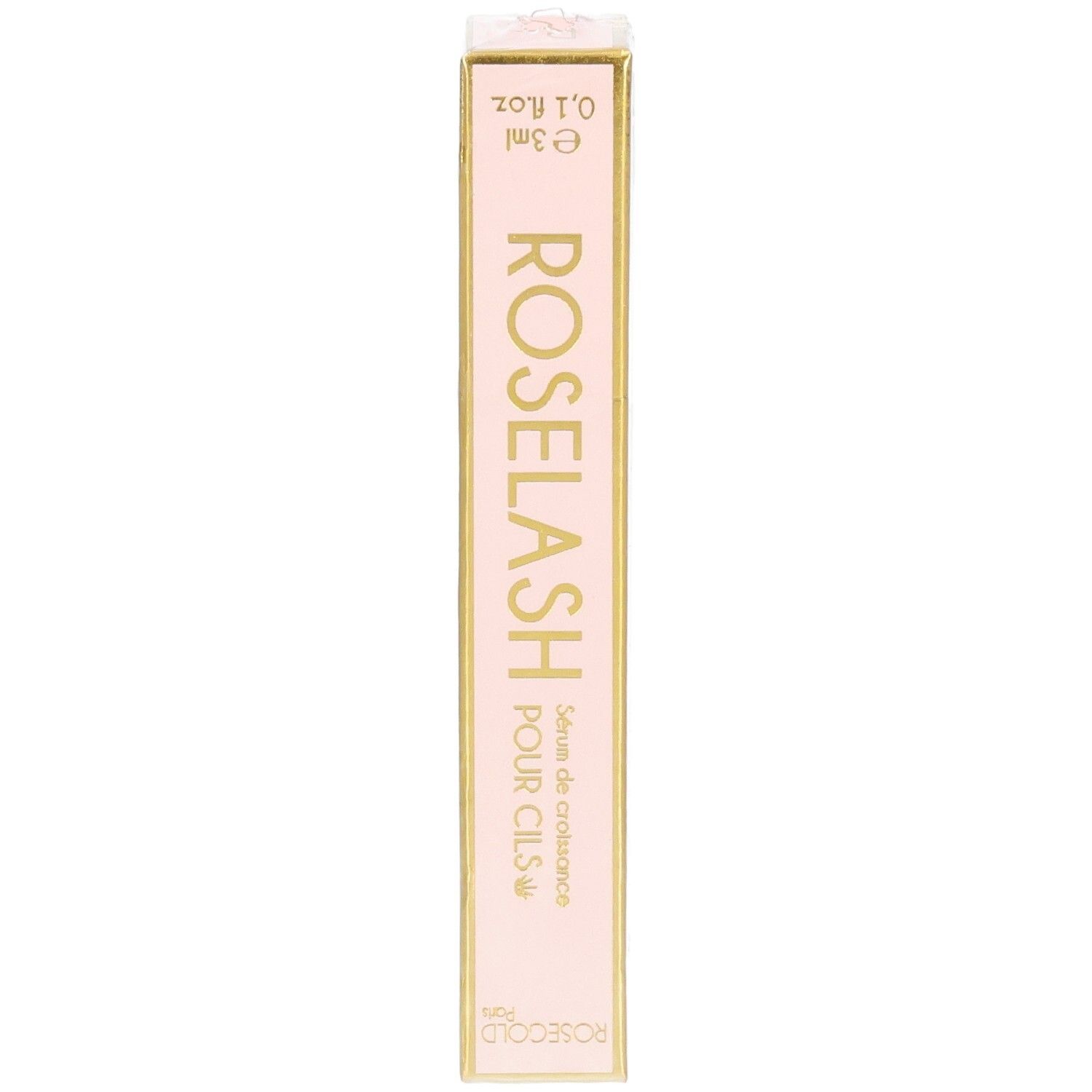 Roségold Paris Roselash Sérum Cils. Rosa Verpackung mit goldener Schrift. Aufschrift: ROSE LASH POUR CILS.