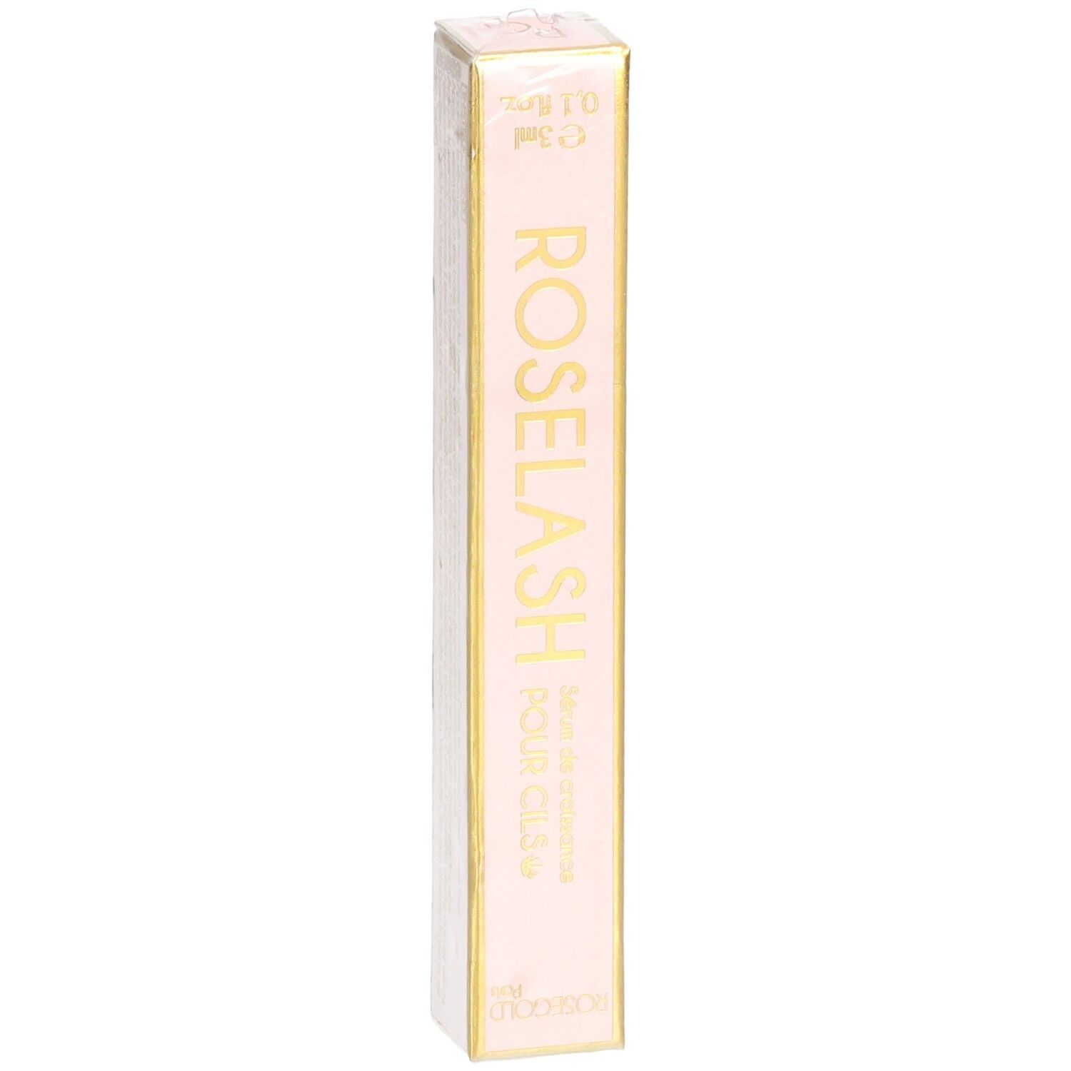 Roségold Paris Roselash Sérum Cils. Rosa Verpackung mit goldener Schrift. Aufschrift: ROSE LASH POUR CILS.
