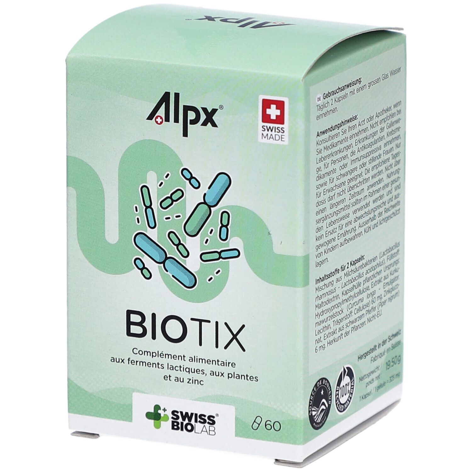 ALPX BioTix-Verpackung. Grün-weiße Schachtel mit Produktnamen und Logo. Swiss Made-Logo.