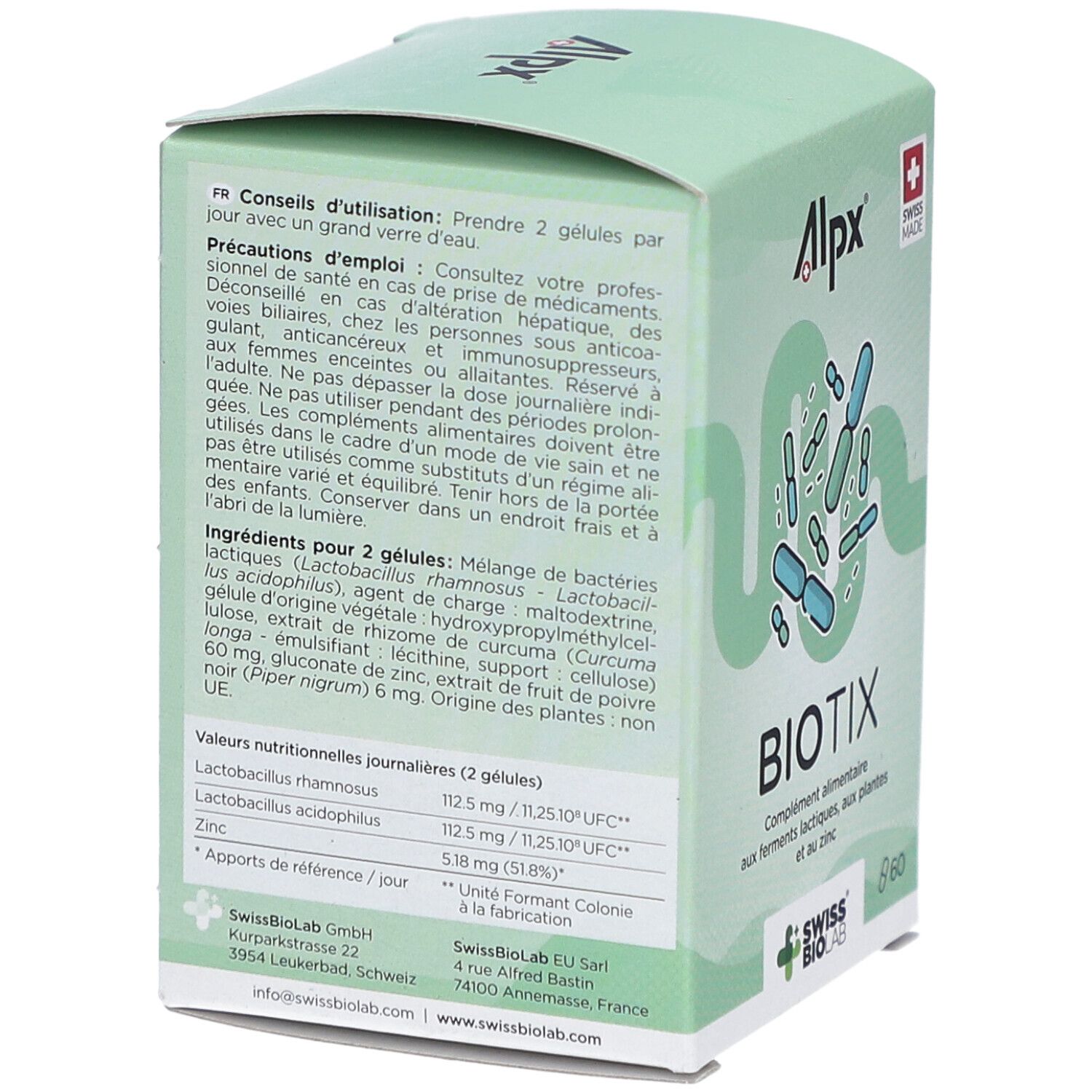 Rückseite der ALPX BioTix-Verpackung. Text in deutscher Sprache, Inhaltsstoffe und Nährwertangaben.