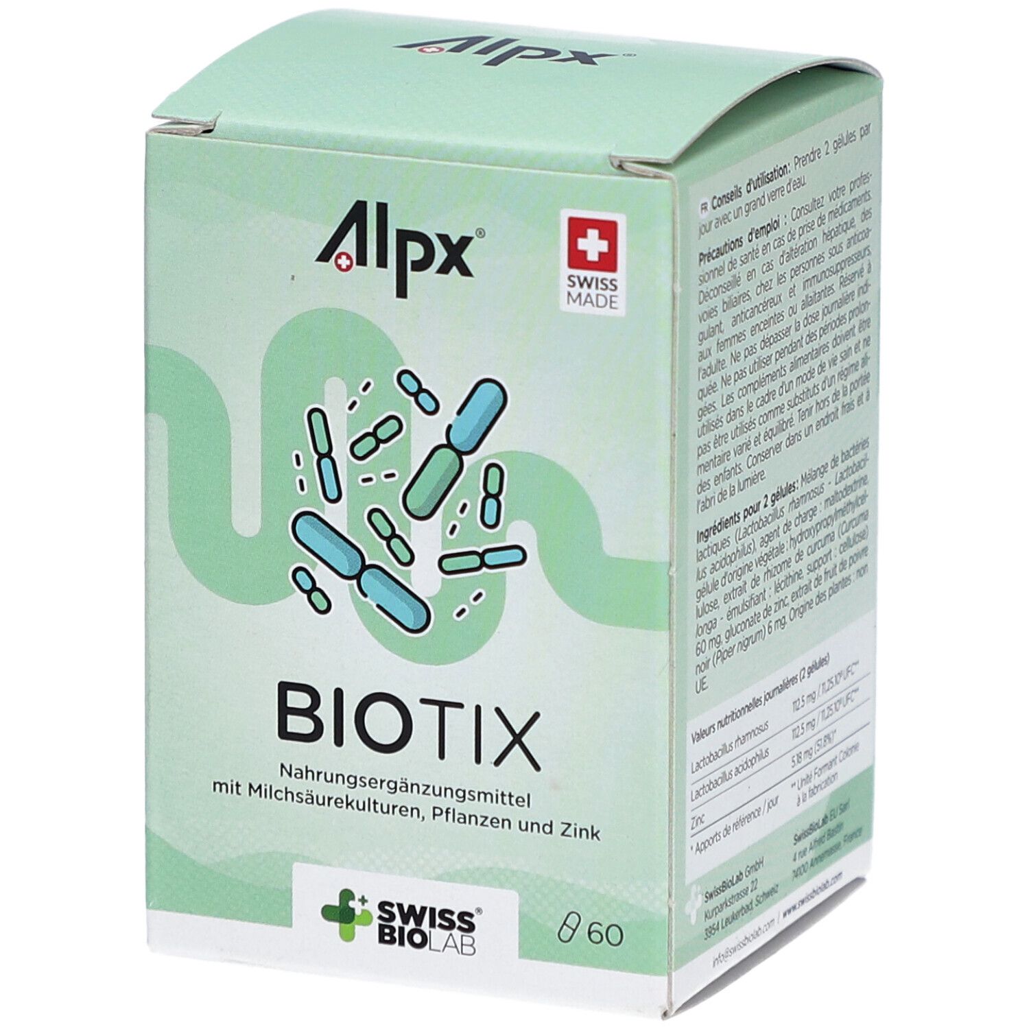 ALPX BioTix-Verpackung. Grün-weiße Schachtel mit Produktnamen und Logo. Swiss Made-Logo.