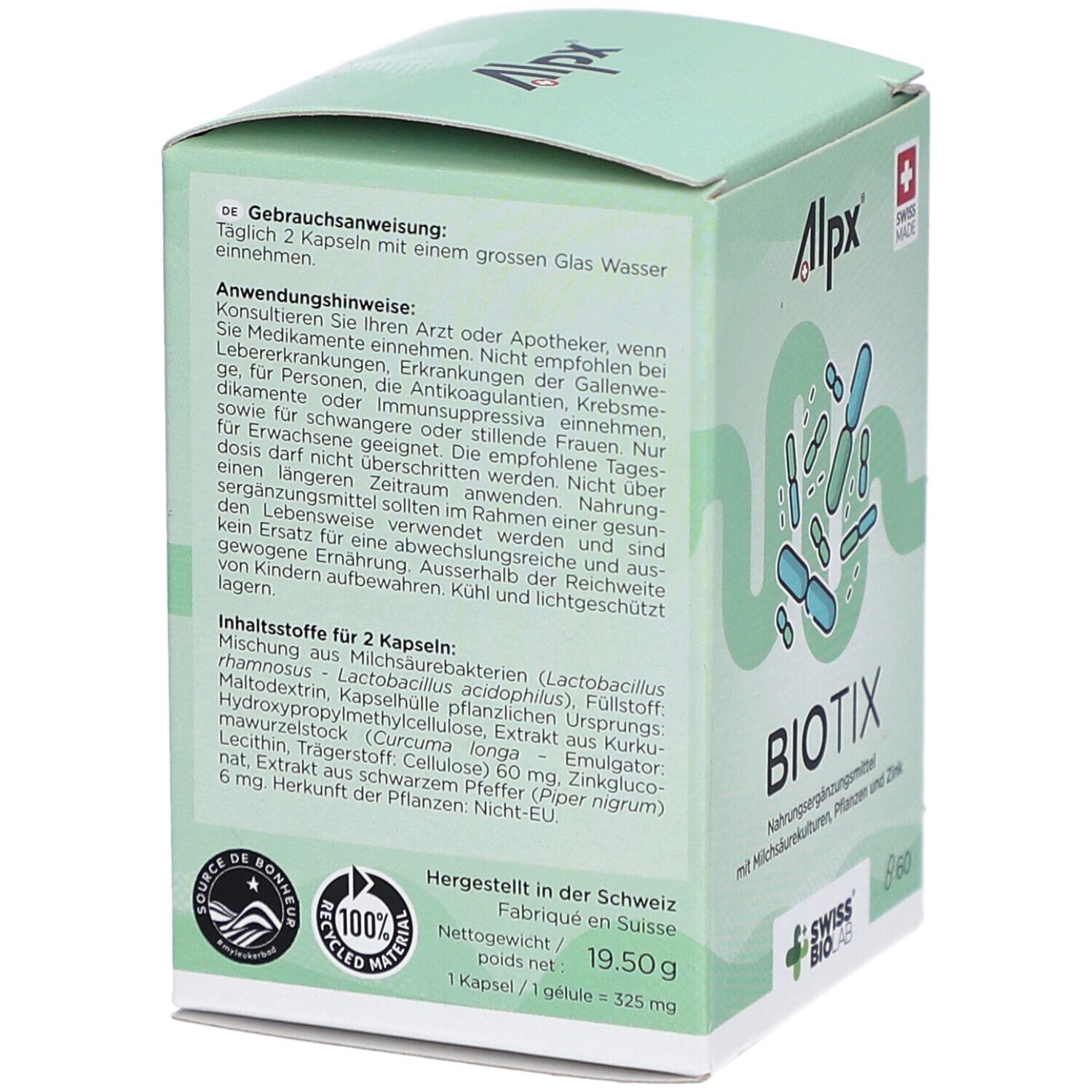 Rückseite der ALPX BioTix-Verpackung. Text in deutscher Sprache, Inhaltsstoffe und Nährwertangaben.