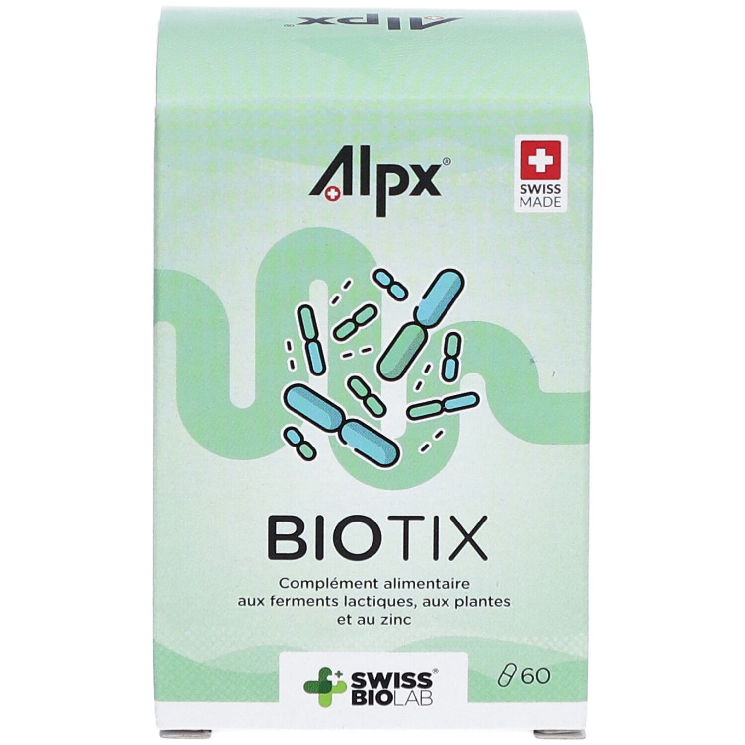 ALPX BioTix-Verpackung. Grün-weiße Schachtel mit Produktnamen und Logo. Swiss Made-Logo.