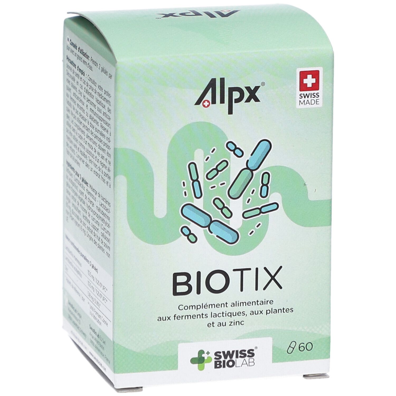 ALPX BioTix-Verpackung. Grün-weiße Schachtel mit Produktnamen und Logo. Swiss Made-Logo.