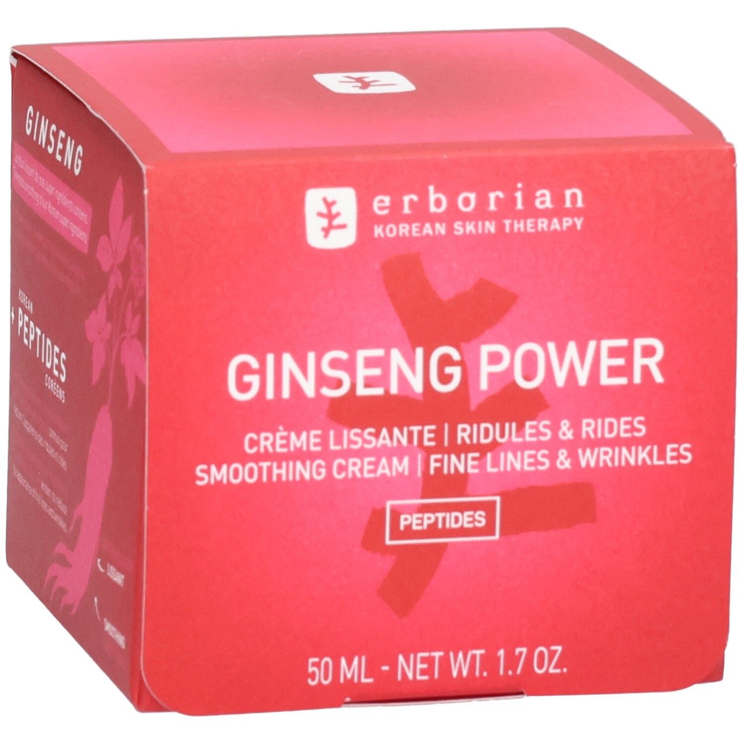 Erborian Ginseng Power Crème Verpackung mit Ginseng-Wurzel-Illustration. Enthält Korean Ginseng und Peptide.
