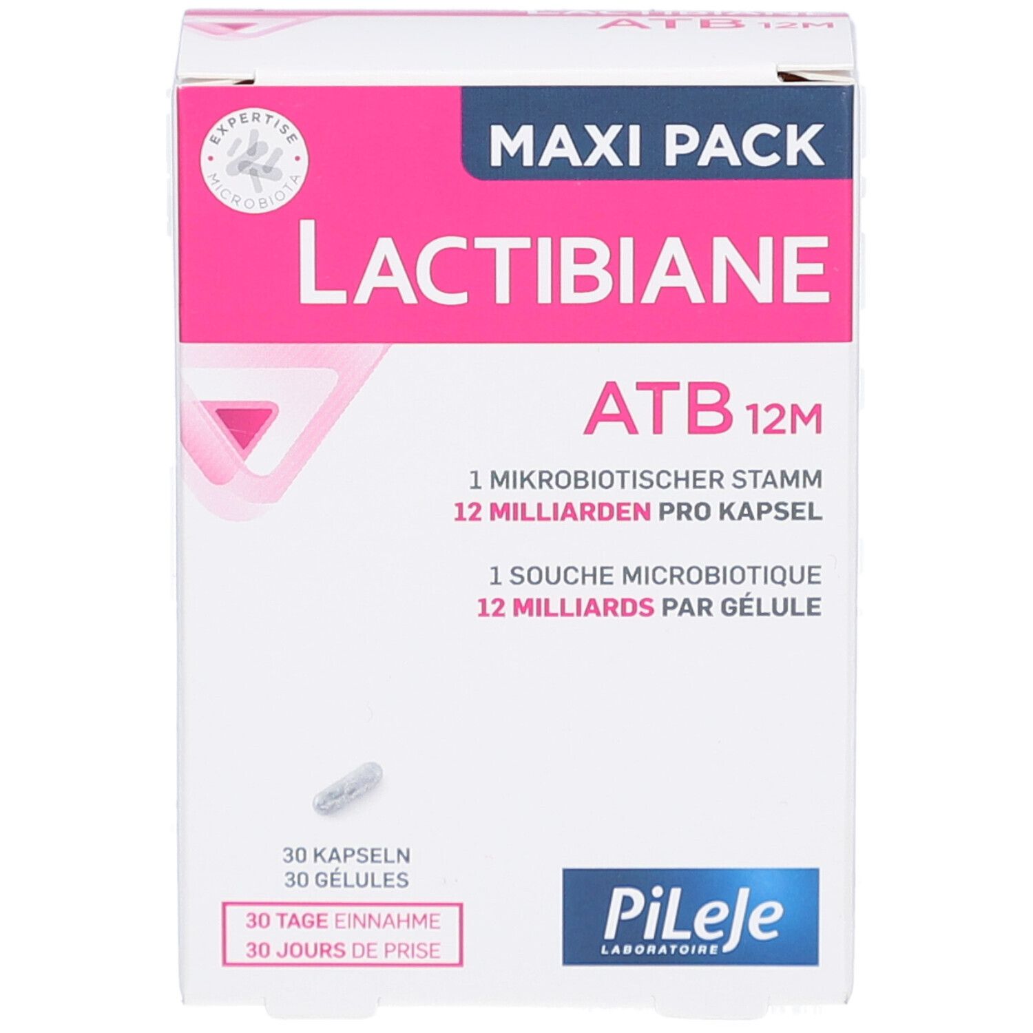 Lactibiane ATB 12M Verpackung, Frontansicht. Weiß-rosa Karton mit Produktinformationen und Logo. 30 Kapseln, Maxi Pack.