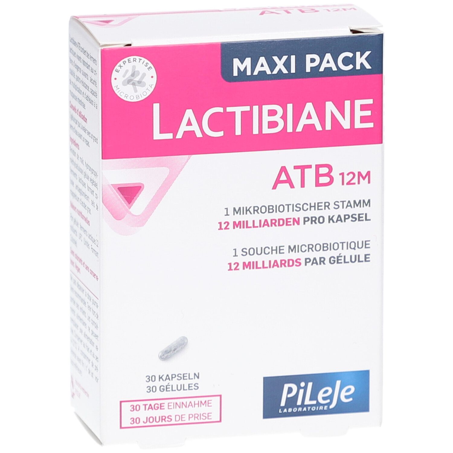 Lactibiane ATB 12M Verpackung, leicht schräg. Weiß-rosa Karton mit Produktinformationen und Logo. 30 Kapseln, Maxi Pack.