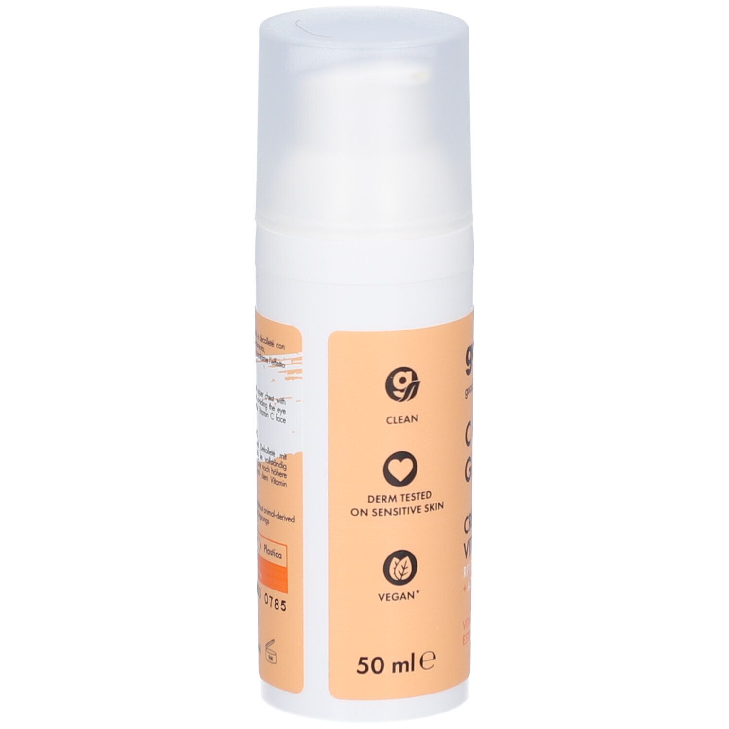 Rückseite der weißen Flasche. Aufkleber mit Logos: Clean, Derm getestet, Vegan. 50 ml.