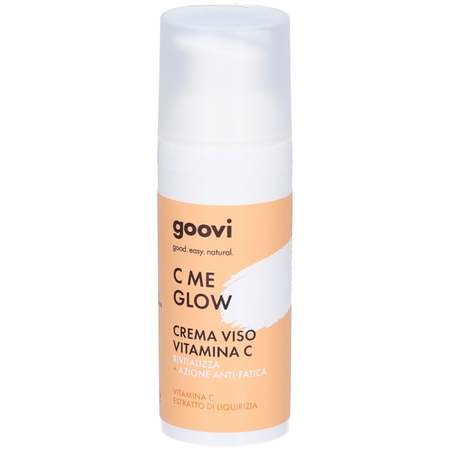 Weiße Flasche mit Dosierpumpe. Aufkleber mit Produktnamen und Inhaltsstoffen. Goovi C ME GLOW.