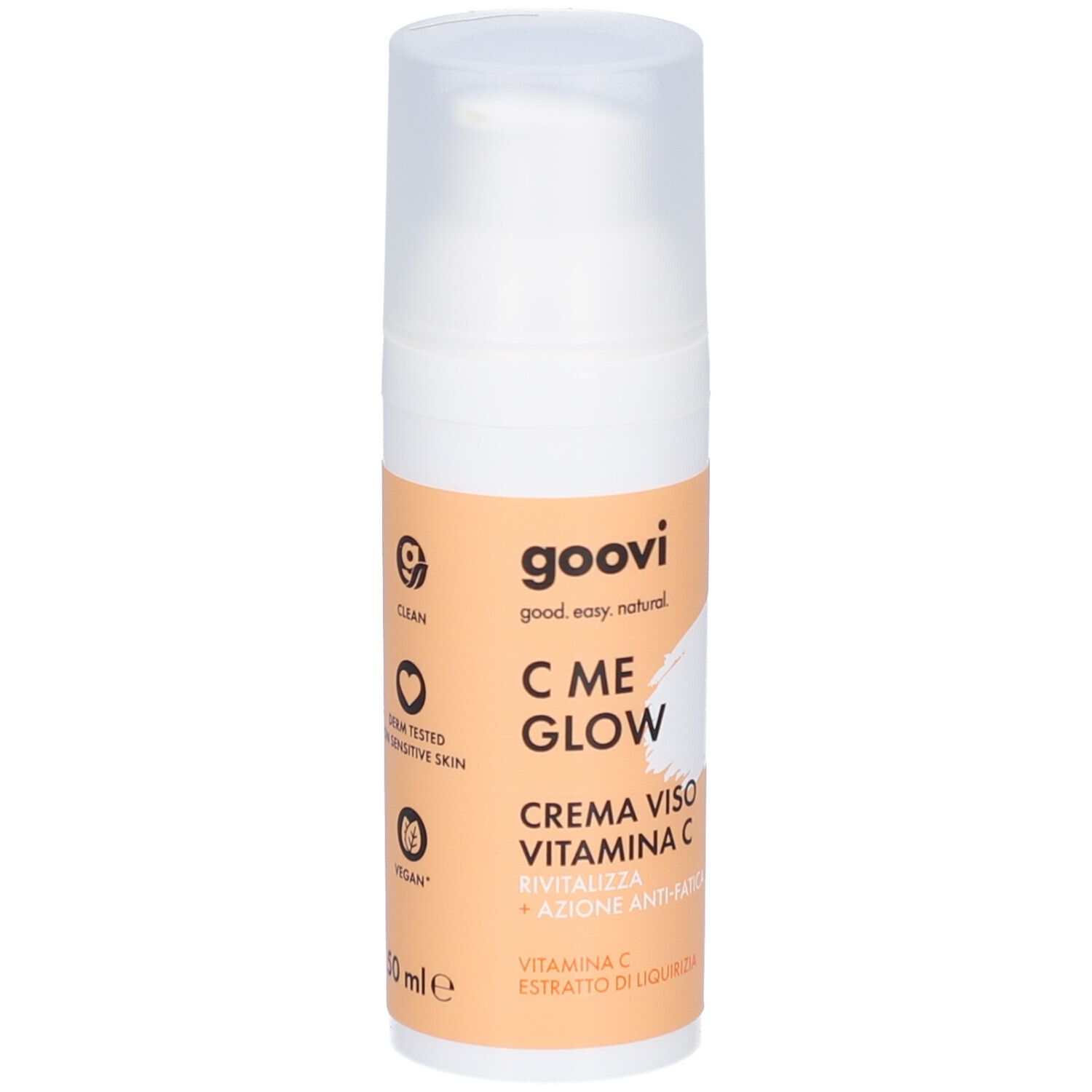 Weiße Flasche mit Dosierpumpe. Aufkleber mit Logos: Clean, Derm getestet, Vegan. 50 ml.