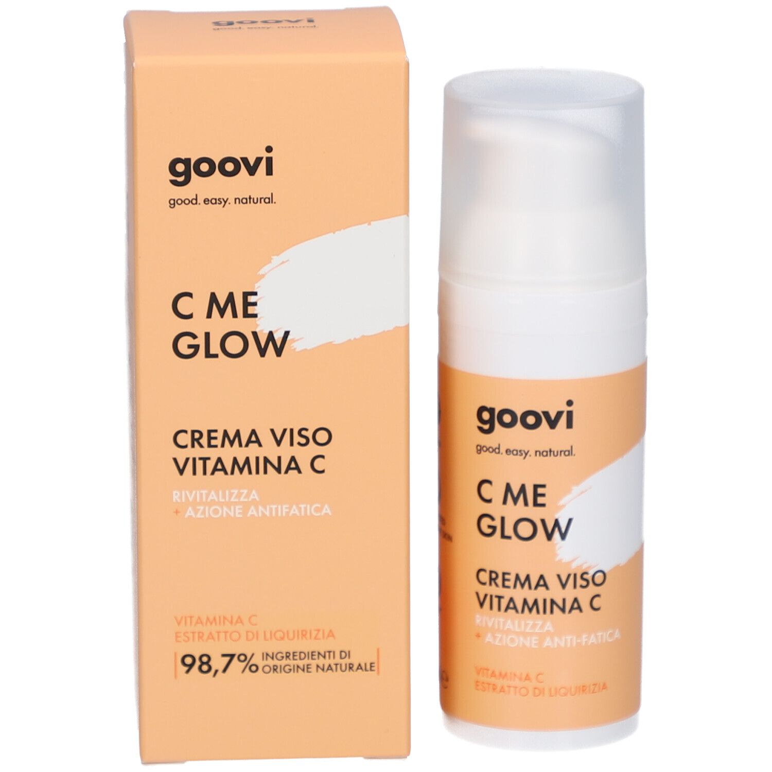 Produktverpackung und Flasche. Karton mit Produktnamen und Inhaltsstoffen. Goovi C ME GLOW.