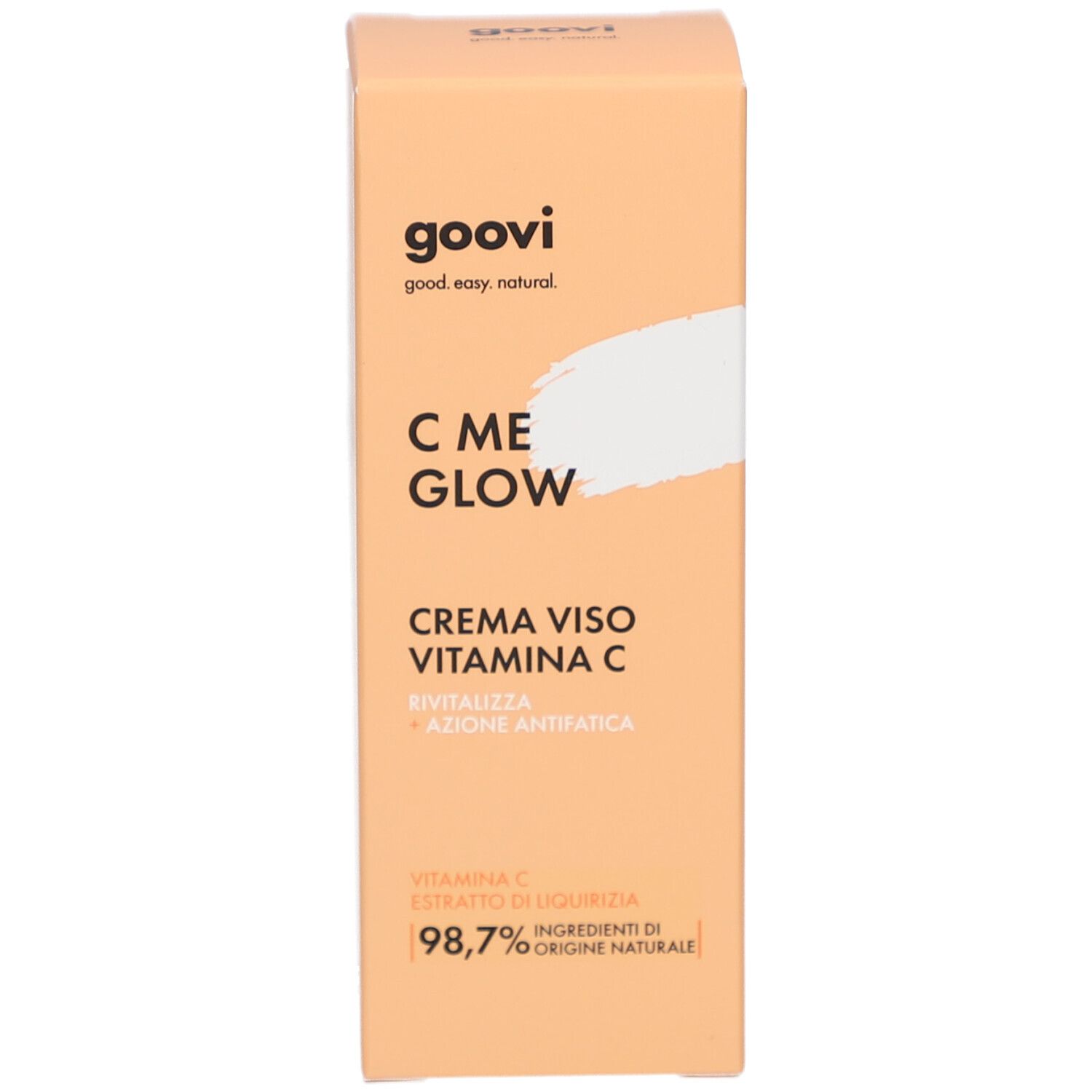 Produktverpackung. Karton mit Produktnamen und Inhaltsstoffen. Goovi C ME GLOW.
