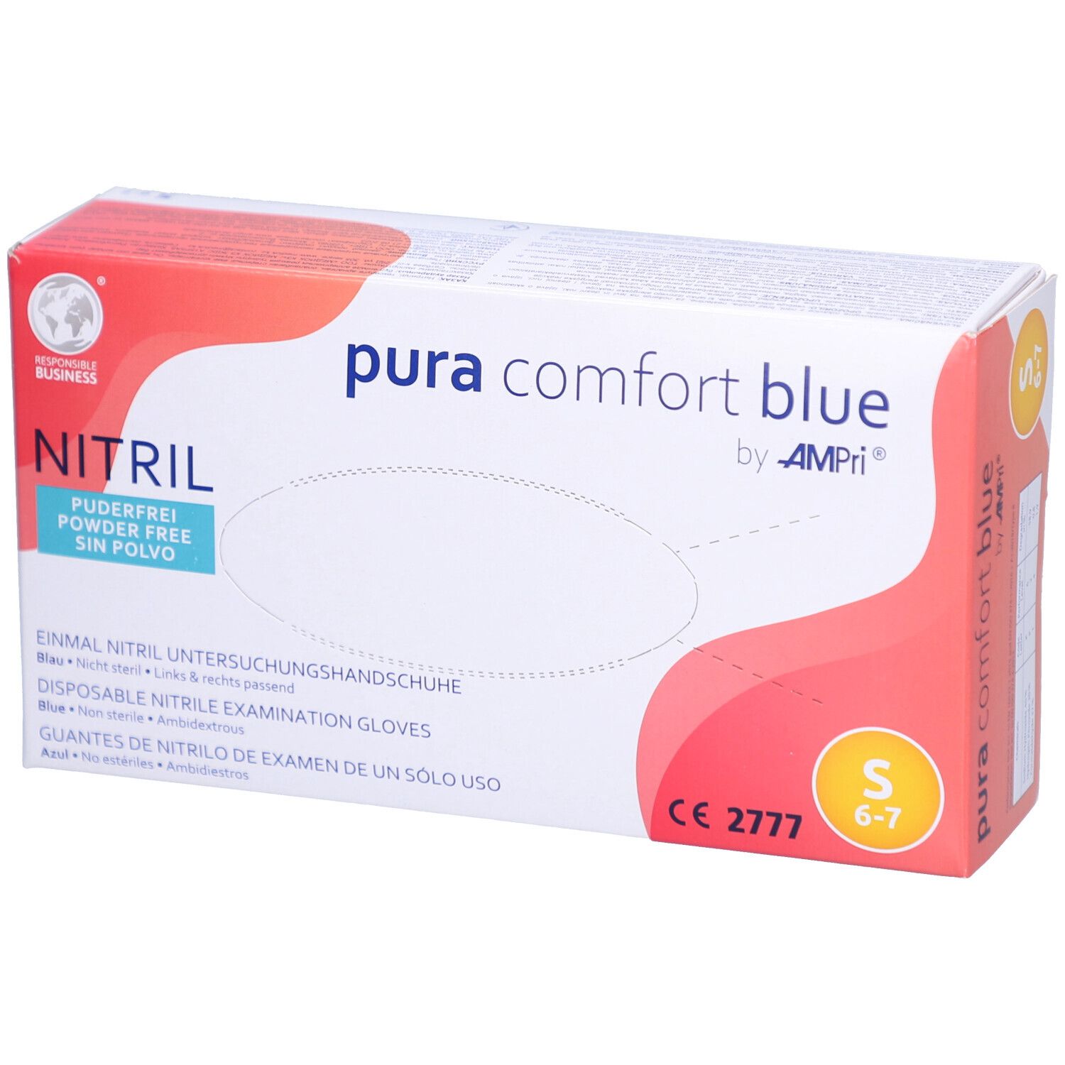 Verpackung von AMPri puracomfort blue Nitril Einmalhandschuhen. Blau, puderfrei, Größe S. Aufdrucke: Nitril, CE 2777.