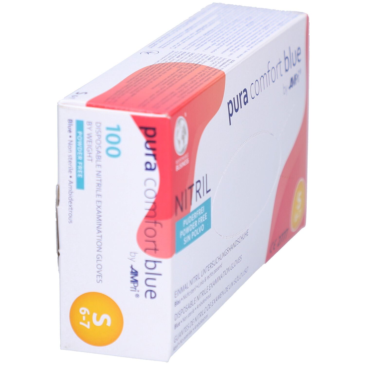 Schräg gestellte Verpackung von AMPri puracomfort blue Nitrilhandschuhen. 100 Stück, Größe S. Aufdrucke: Nitril, puderfrei.