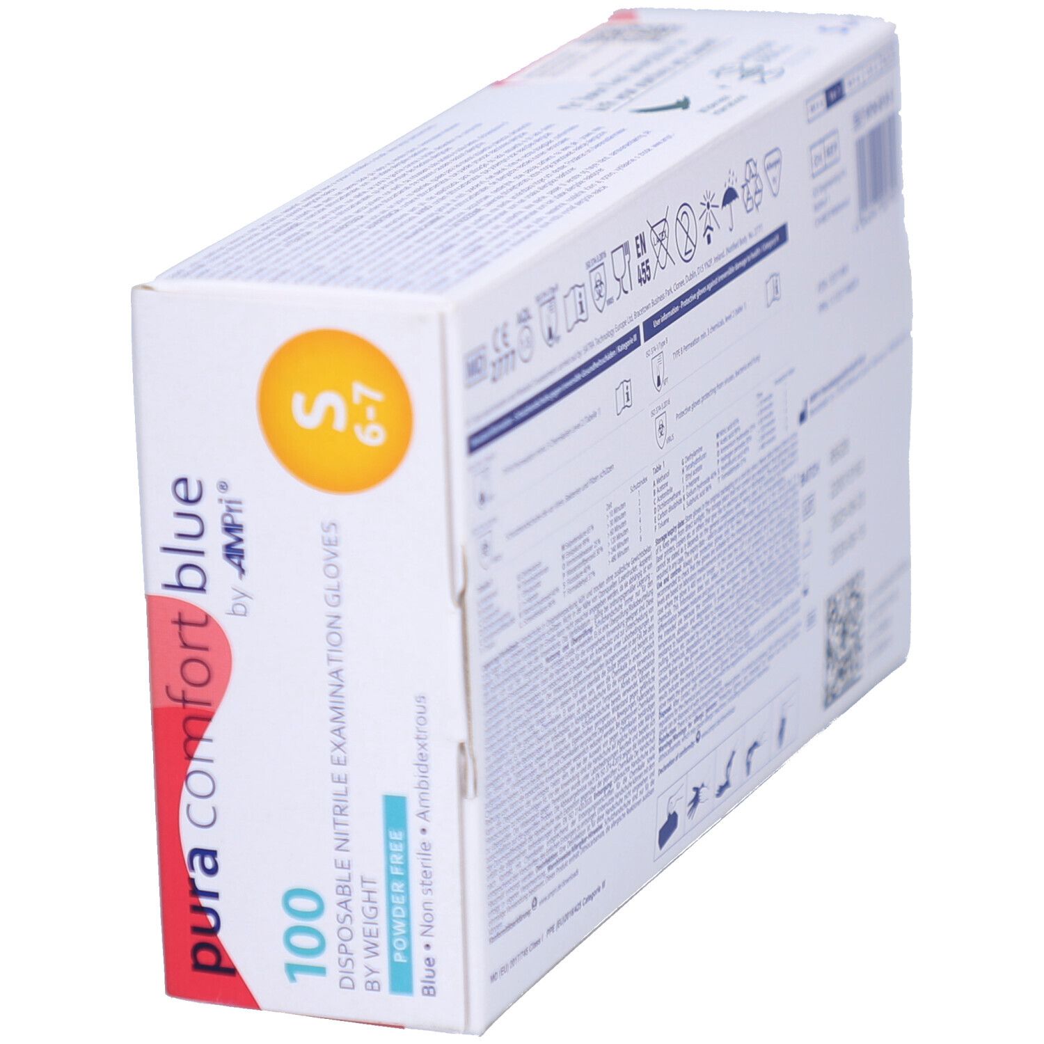 Schräg gestellte Verpackung von AMPri puracomfort blue Nitrilhandschuhen. 100 Stück, Größe S. Aufdrucke: Nitril, puderfrei.