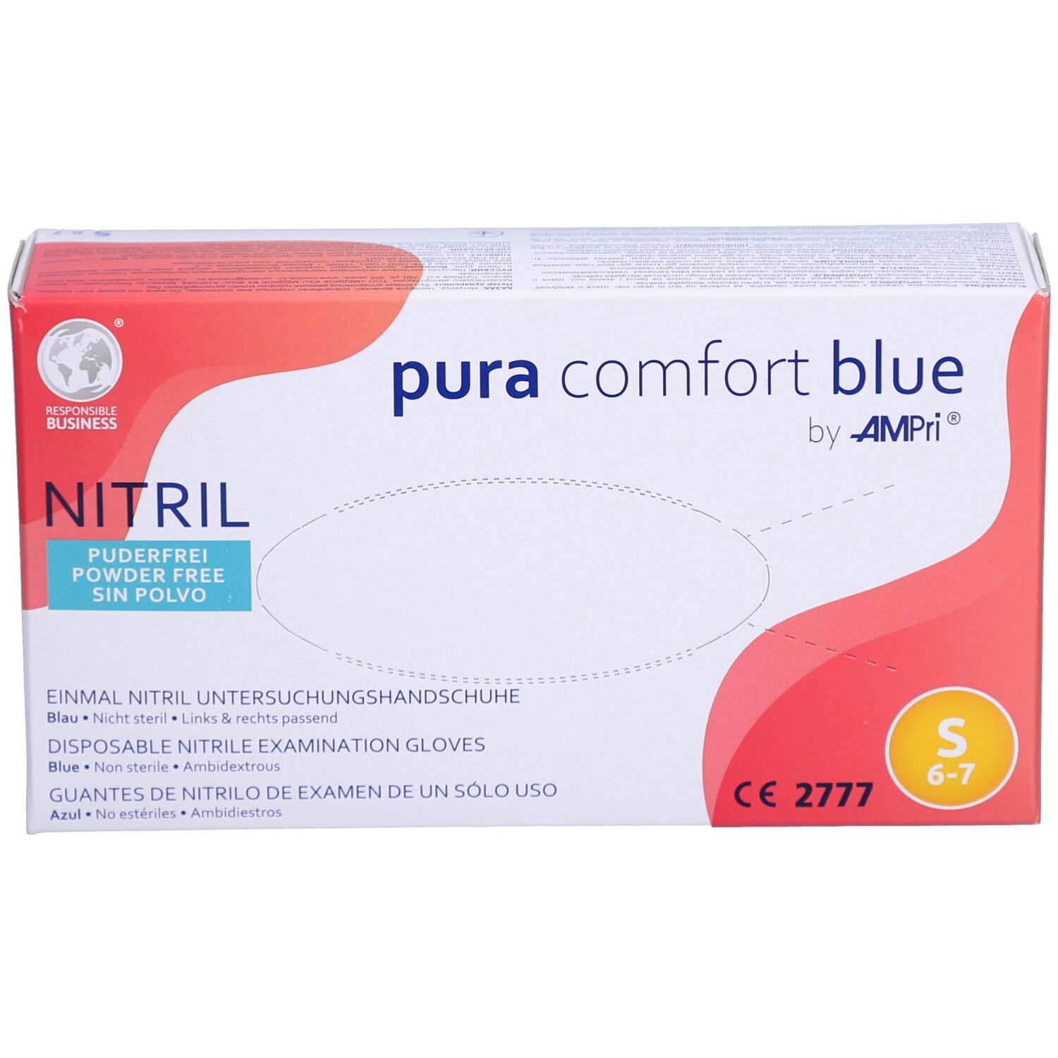 Verpackung von AMPri puracomfort blue Nitril Einmalhandschuhen. Blau, puderfrei, Größe S. Aufdrucke: Nitril, CE 2777.