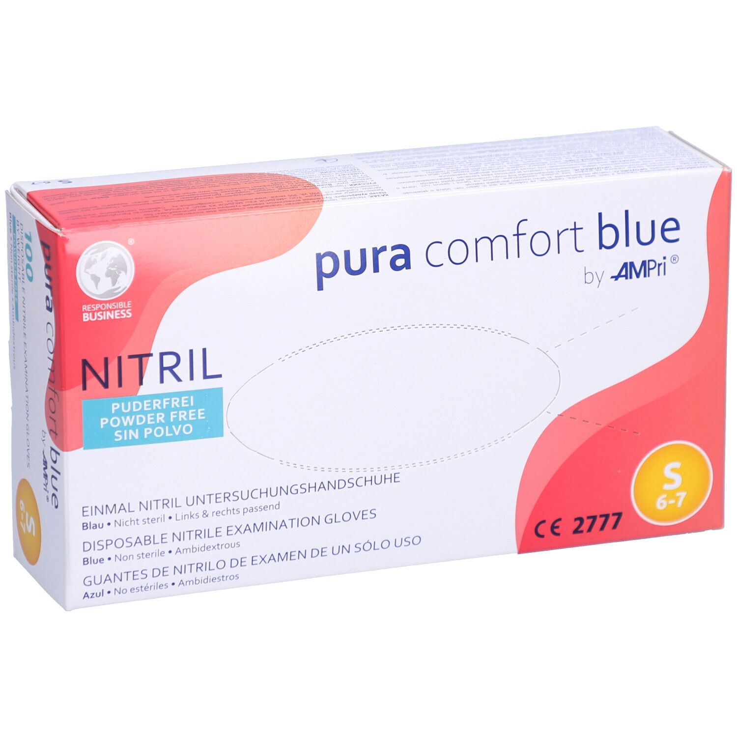 Verpackung von AMPri puracomfort blue Nitril Einmalhandschuhen. Blau, puderfrei, Größe S. Aufdrucke: Nitril, CE 2777.
