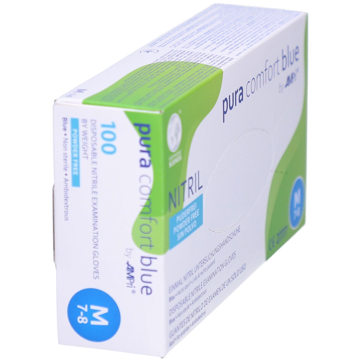 Handschuh-Pack, schräg. "pura comfort blue" und "NITRIL" Schriftzug. Größe M. 100 Stück. Puderfrei.