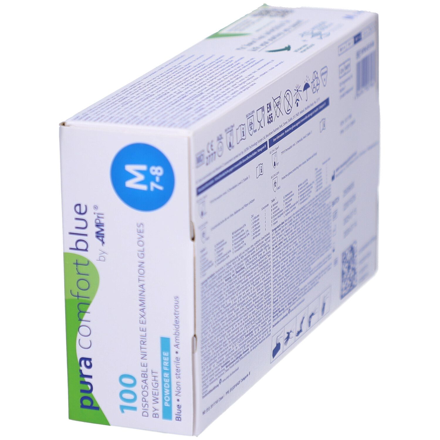 Handschuh-Packung, schräg. "pura comfort blue" und "NITRIL" Schriftzug. 100 Stück. Größe M.