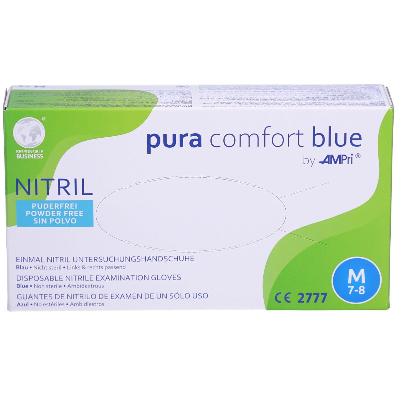 Handschuh-Packung. "pura comfort blue" und "NITRIL" Schriftzug. Größe M. Puderfrei. CE-Kennzeichnung.