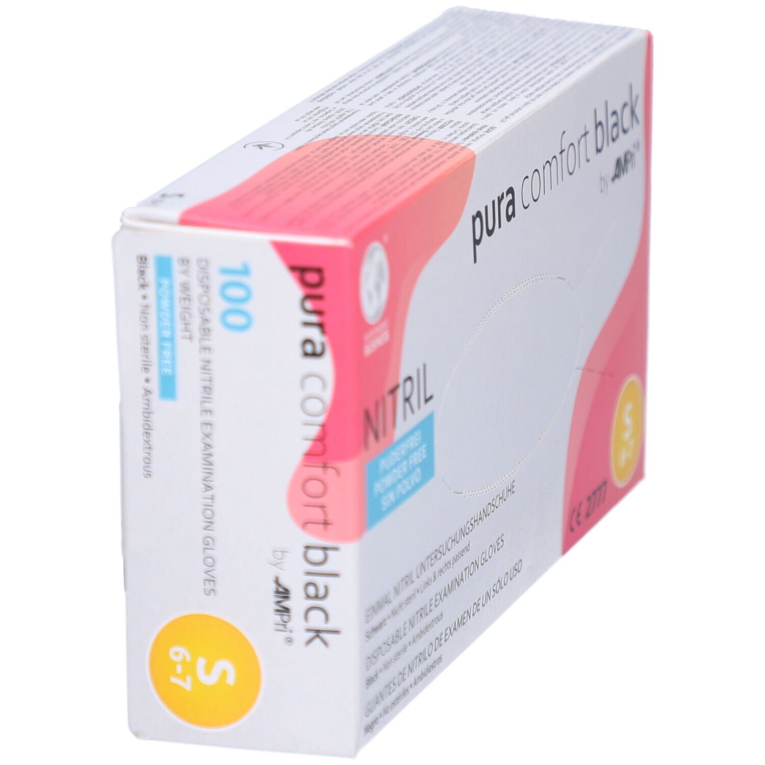 Schachtel mit schwarzen Nitril-Untersuchungshandschuhen. Enthält 100 Stück. Marke: PURACOMFORT BLACK by AMPri. Größe S.