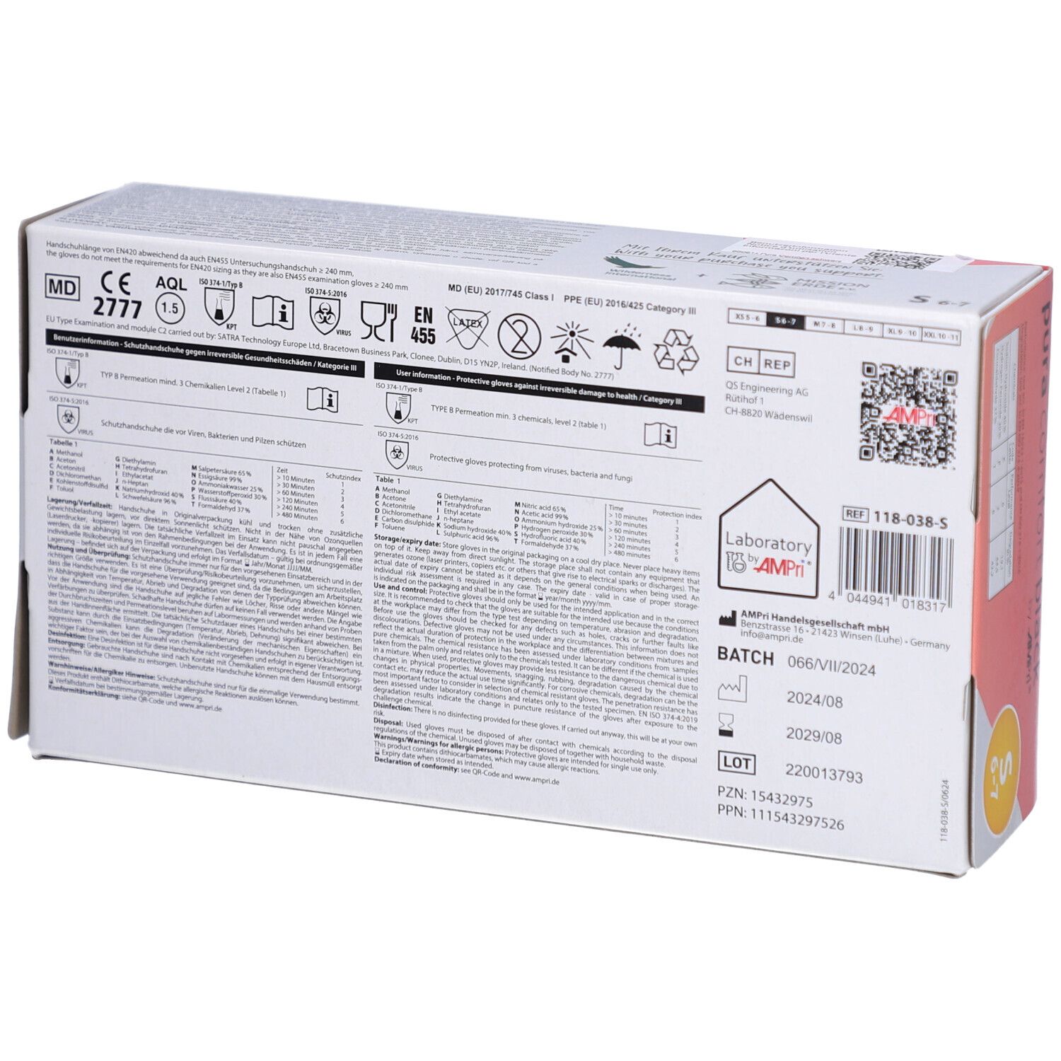 Rückseite der Schachtel mit Informationen und Zertifizierungen. Enthält Chargennummer, Verfallsdatum und CE-Kennzeichnung.