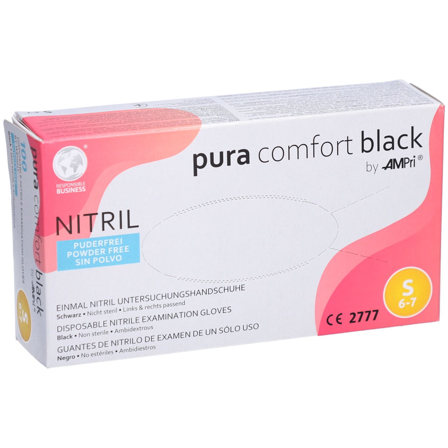 Schachtel mit schwarzen Nitril-Untersuchungshandschuhen. Puderfrei, Größe S. Marke: PURACOMFORT BLACK by AMPri. CE-Kennzeichnung.