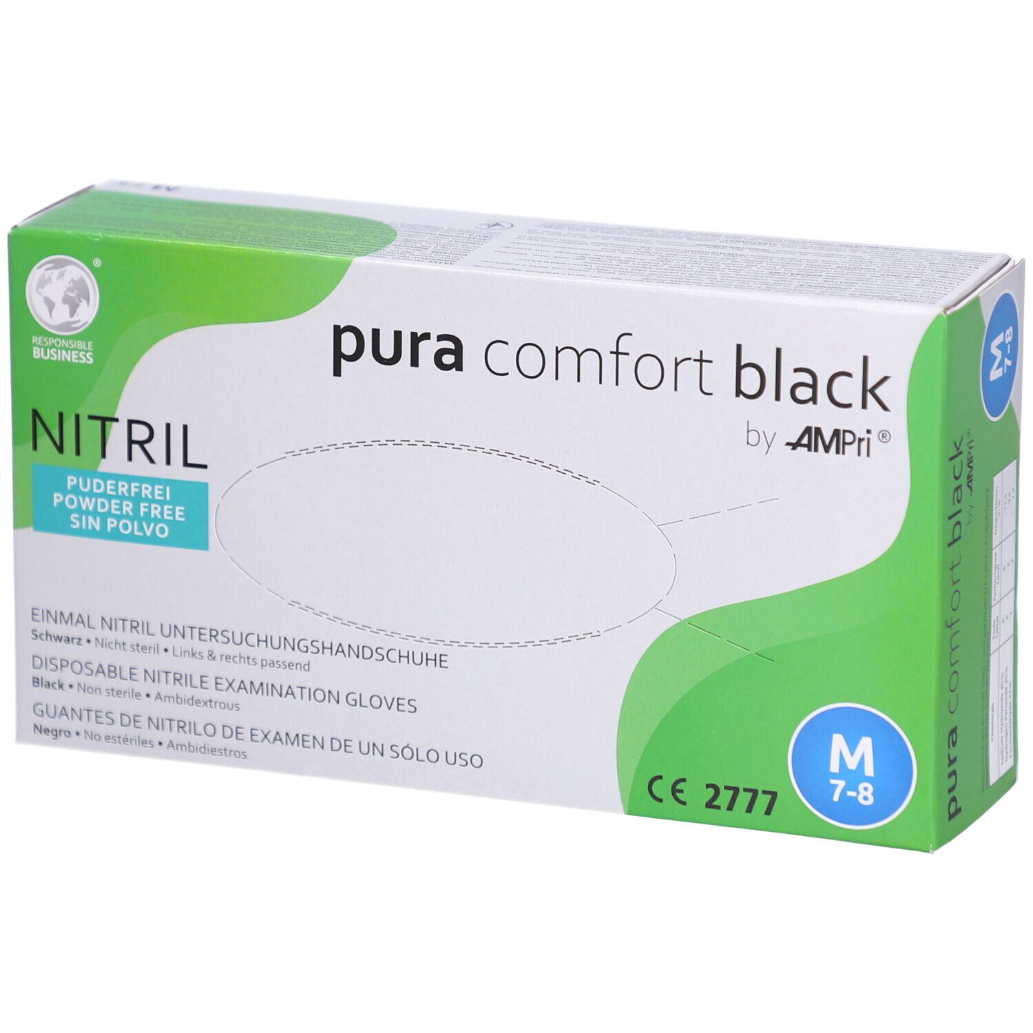 Schwarze Nitril-Untersuchungshandschuhe, puderfrei, in Kartonverpackung. Größe M, CE-Kennzeichnung. Marke: AMPri.