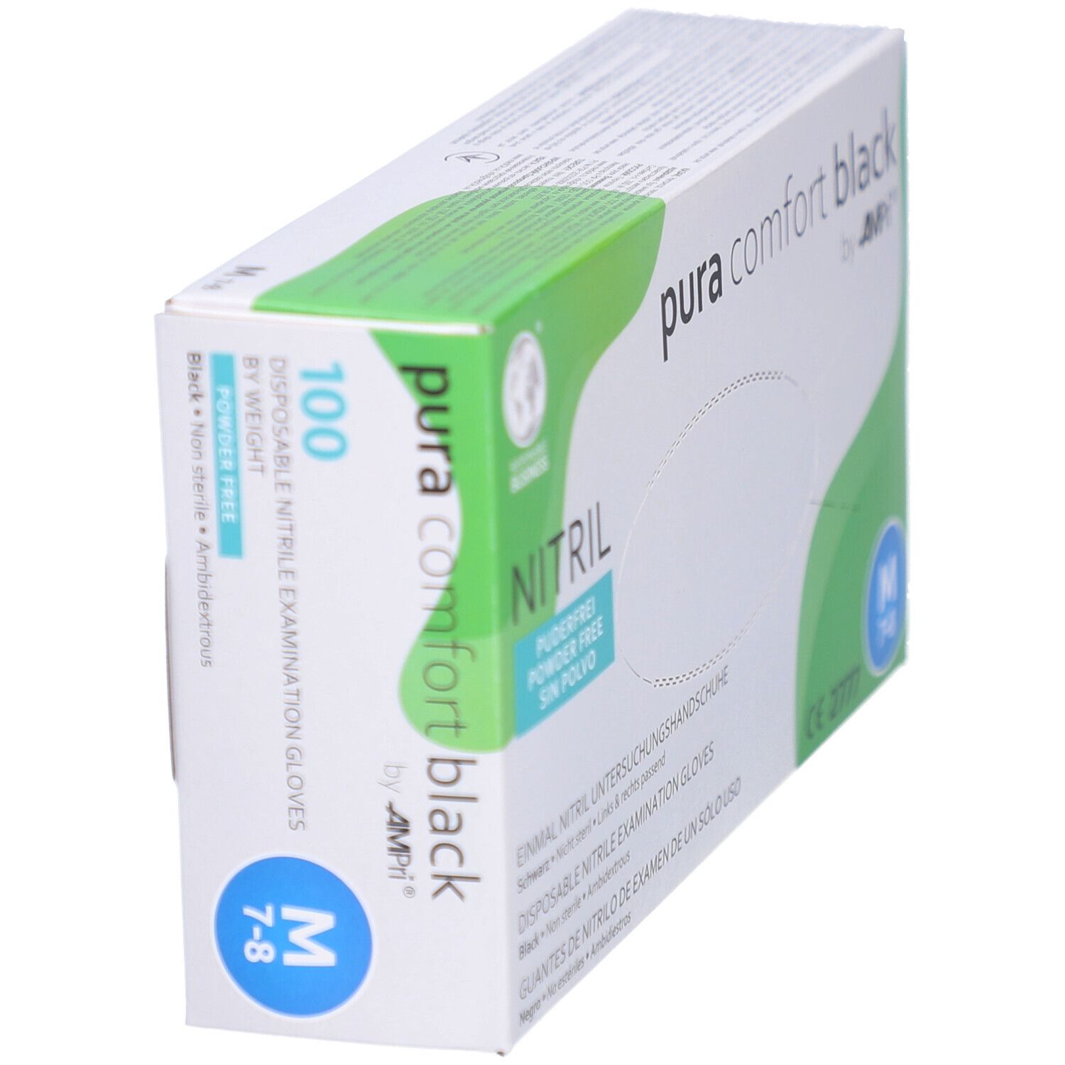 Schwarze Nitril-Handschuhe in Kartonverpackung. 100 Stück. Größe M. Marke: AMPri. Winkelansicht.
