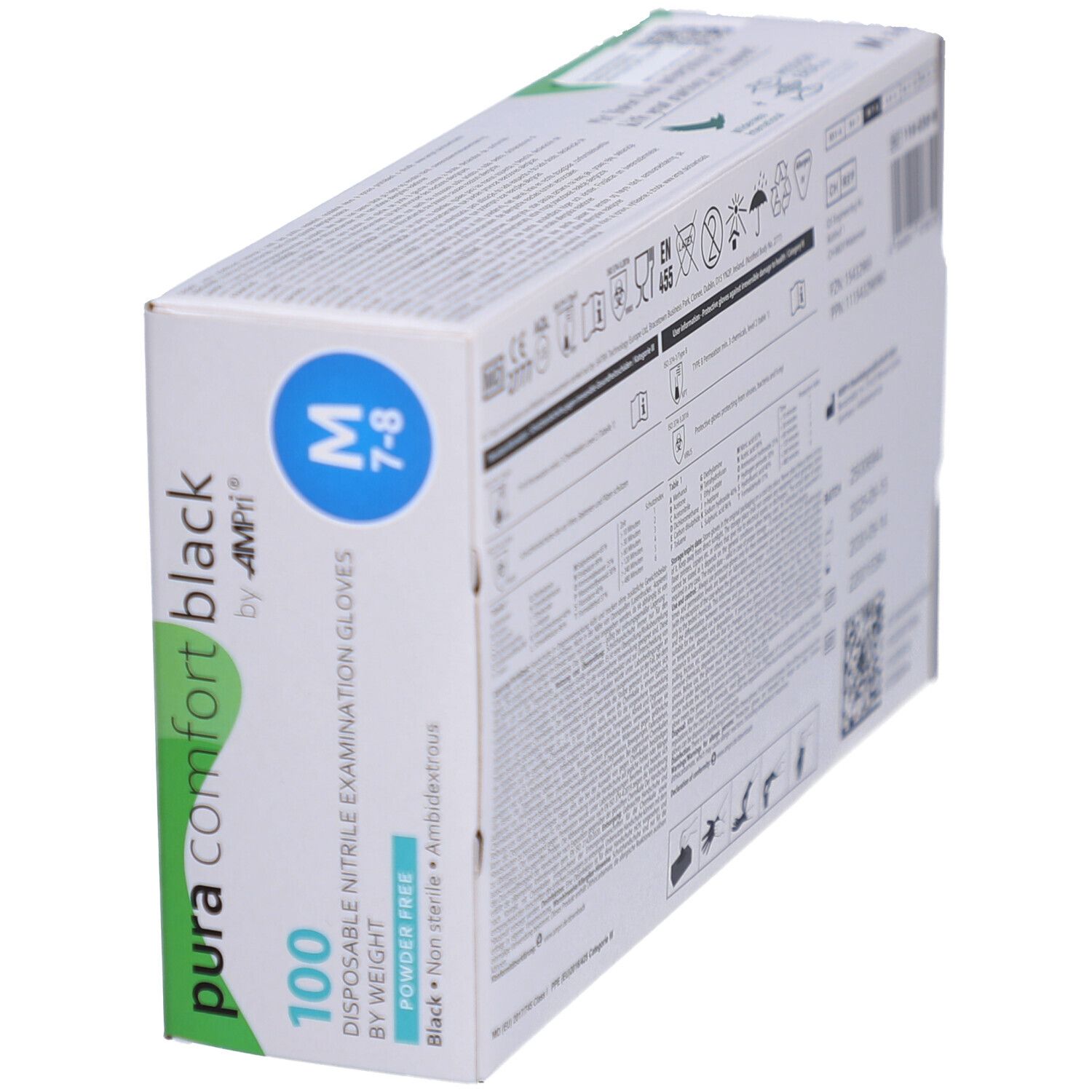 Kartonverpackung mit schwarzen Nitril-Handschuhen. 100 Stück. Größe M. Marke: AMPri. Winkelansicht.