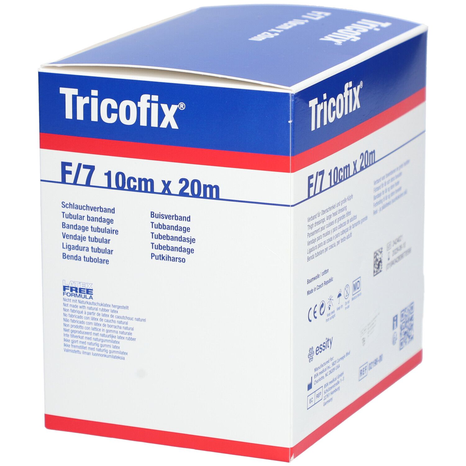 Tricofix-Karton, F/7 10cm x 20m. Produktabbildung und Text in mehreren Sprachen. Mit Zertifizierungen.