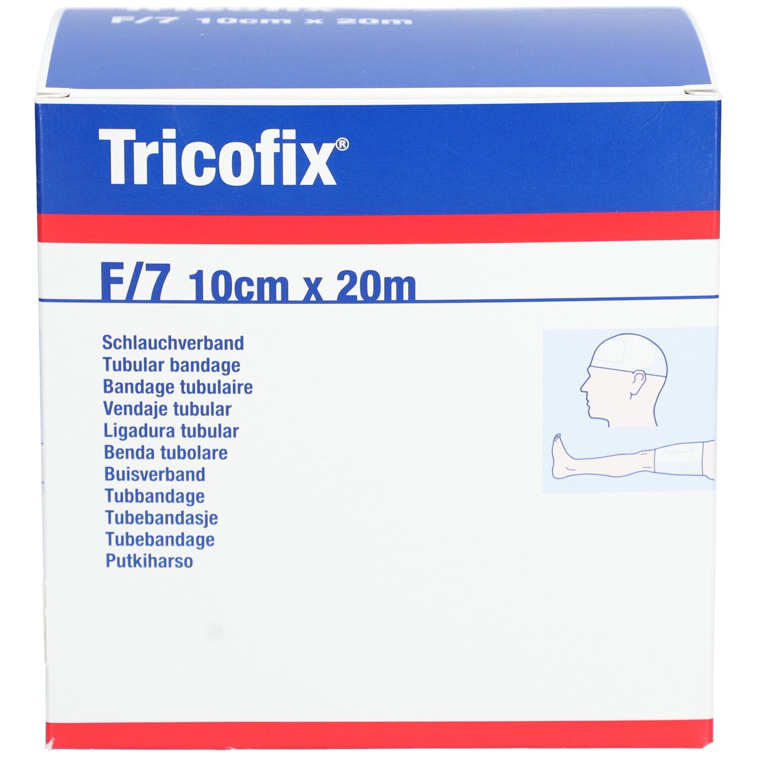 Tricofix-Karton, F/7 10cm x 20m. Vorderseite mit Produktabbildung und Text in mehreren Sprachen.