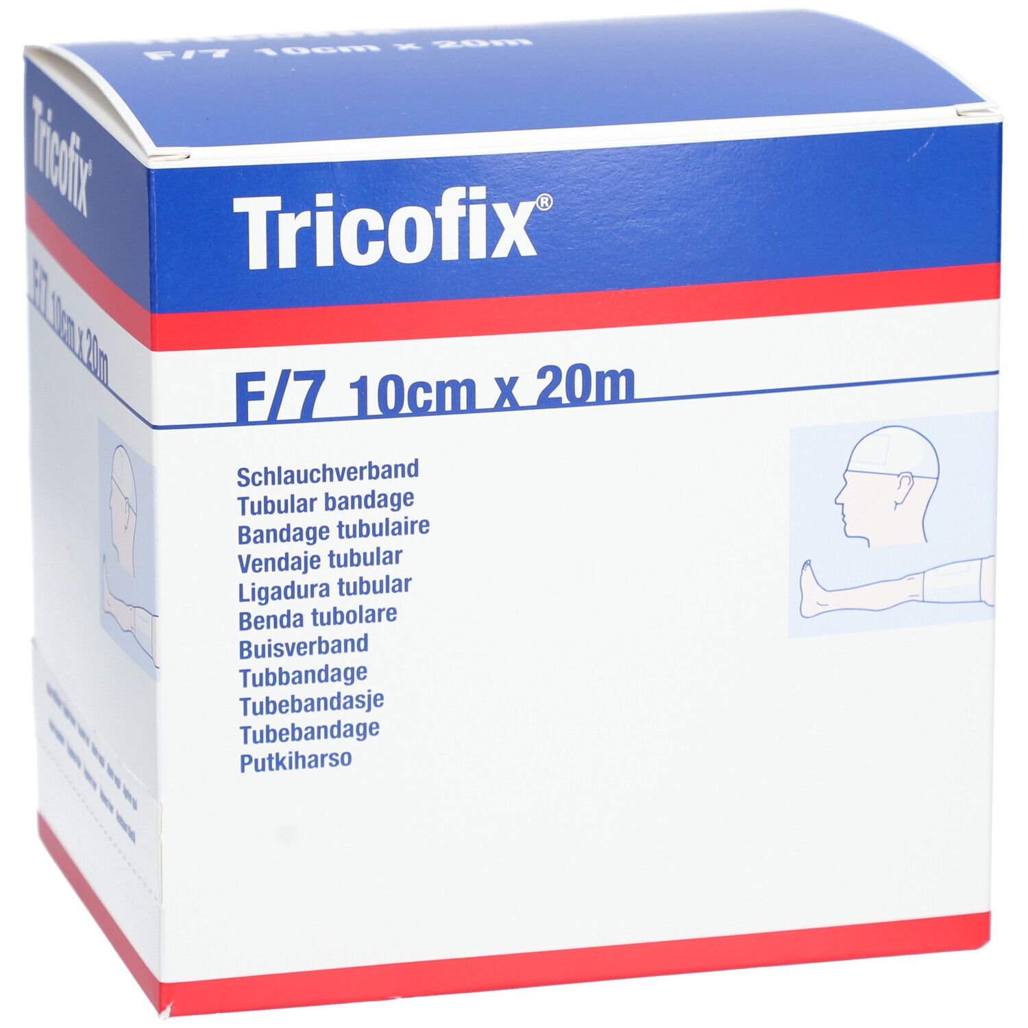 Tricofix-Karton, F/7 10cm x 20m. Vorderseite mit Produktabbildung und Text in mehreren Sprachen.