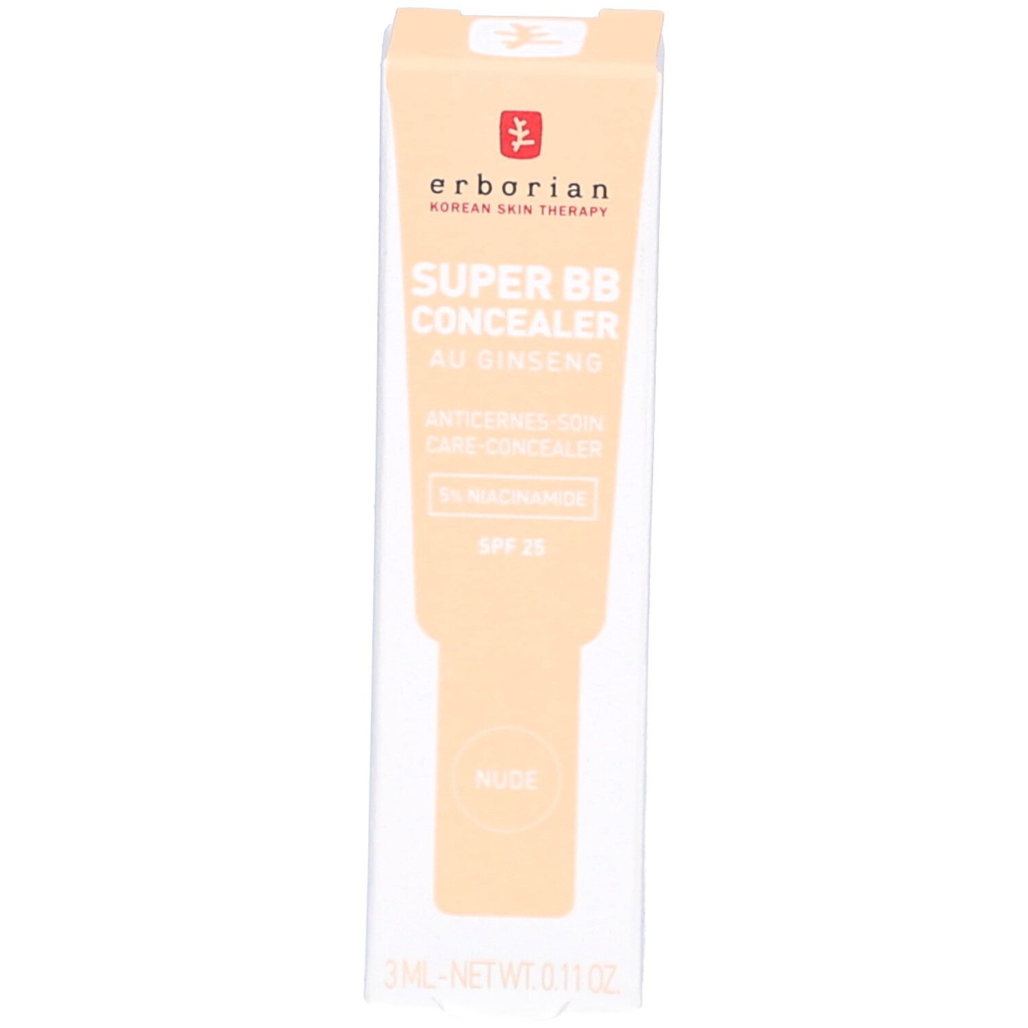Verpackung mit Concealer-Tube. Aufschrift: Super BB Concealer, au Ginseng, Anticernes-Soin Care-Concealer, Nude. Marke und Logo sichtbar.