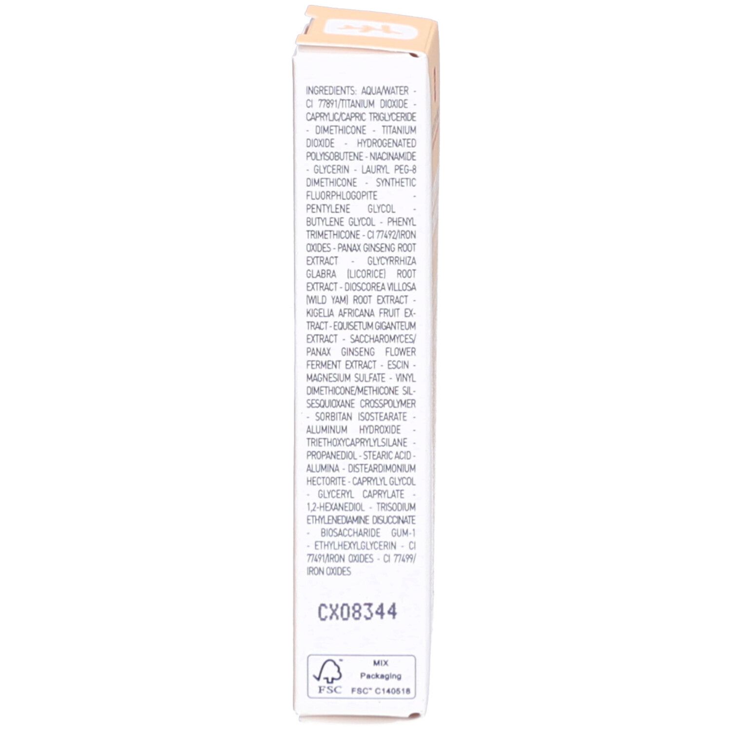 Verpackung mit Inhaltsstoffen. Auflistung der Inhaltsstoffe in englischer Sprache. FSC-Logo und Code.